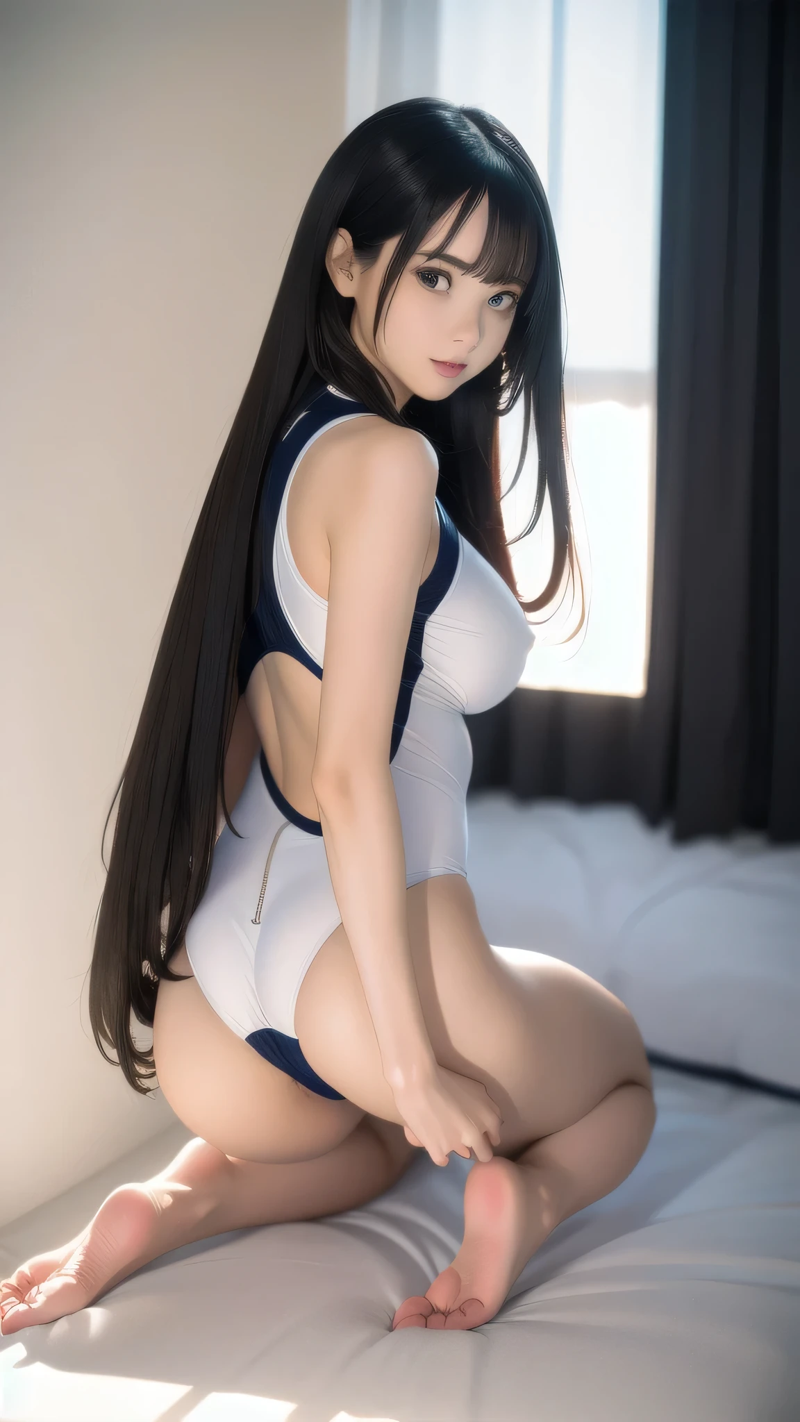 girl:1 person, ((Highly detailed skin), Beautiful Face, Pale skin, Pointed Chest, Erect nipples, Perfect Anatomy, Realistic eyes, Very beautiful eyes, Beautiful eyes), (Hyper Realist, Ultra-realistic, 4k, Attention to detail, Ultra-high resolution, highest quality, masterpiece, Presence, dynamic, bold), (Thinning hair:2), (Soft Hair:2), (Straight hair:1.5), Long, slicked bangs, Very light coppery amber hair, Hair on one eye, (Wearing a swimsuit:1.5), ({gold| silver| wine-red| Navy| purple| gray| metallic}Swimsuit), Poolside, Glossy Swimsuit, Racing Swimsuit, Competitive swimming suits, High Leg Swimsuit, Big Breasts:1.2, looking at the camera, Tall, Elongated limbs, On all fours, Butt is thrusting up, Emphasize Butt, The swimsuit is digging into her buttocks, behind, back, Looking Back, Butt, whole body, With legs apart, Leg spread, Nikon, Canon,