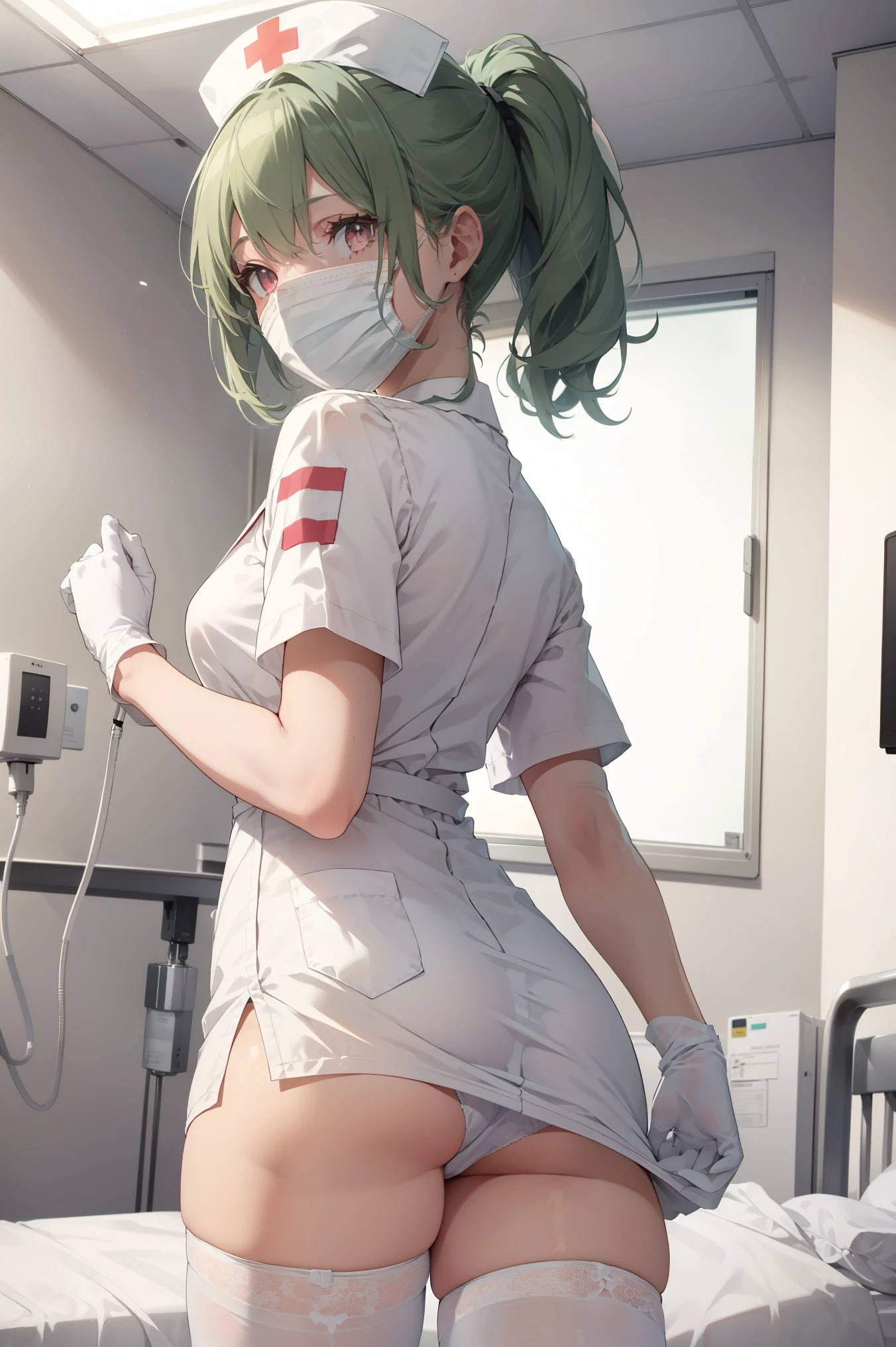 1girl, from back, looking back, solo, nurse, nurse cap, white wear, ((white legwear, zettai ryouiki)), white gloves, ponytail, green hair, pink eyes, ((white surgical mask, covered nose)), standing, ((hospital room)), sharp outline, short sleeves, lifting her skirt, showing white undies, from below, best quality, masterpiece