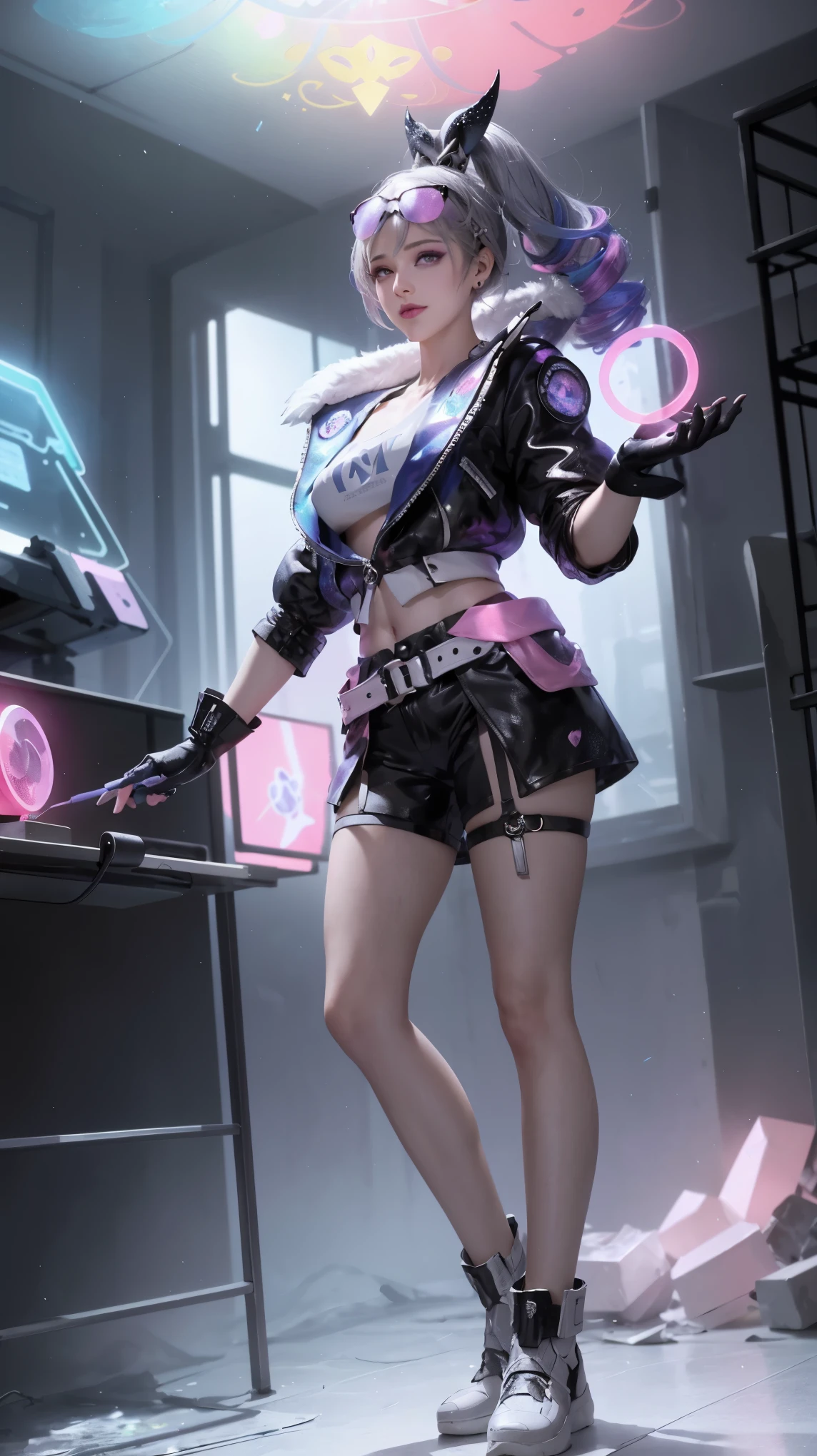 full body, 1girl, li, solo, Eye focus,Masterfully crafted Glow, pink lens flare, Cinematic background,colourful, hyper details, hdr, ultra detailed eyes, mature, plump, rainbow painting drops,(supermodel:1.3), made up from paint, entirely paint, splat, splash, indoors, (bioluminescent hair:1.1),(glowing eyes), ((makeup)), fierce, powerful, splashes of colour absolutely eye-catching, dynamic angle, beautiful detailed glow, ambient occlusion, ambient light, raytraced reflections, retro style, living arcade characters, arcade style world, gloves, jacket,weapon, shorts, black gloves, black jacket, gun, drill hair, black shorts, eyewear on head, bubble blowing, chewing gum, (Cute face:1.3),