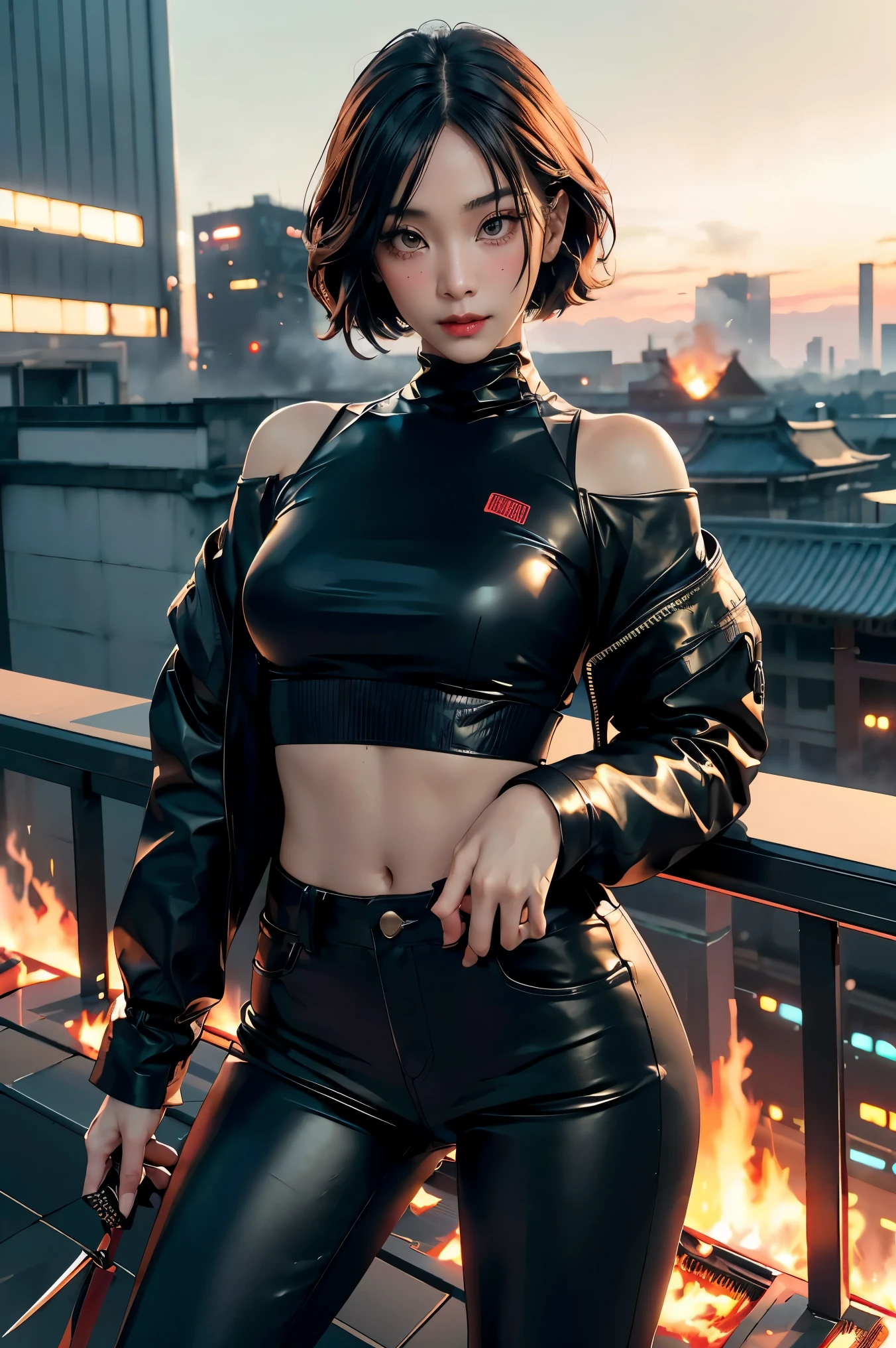 Cinema Lighting,Highly detailed skin、Beautiful quality with attention to detail,cyber punk,(replace、Dim color, Calm tone、Perfect Anatomy:1.3),(1 Beautiful Woman、Beautiful facial features down to the last detail、solo:1.3)（Black short hair）Smile a little、(1 Hold a samurai blade in your hand)break. Red leather jeans、Tight black leather pants、 break.night(night、Futuristic city building rooftop、A fire broke out in a nearby building.)、Japanese