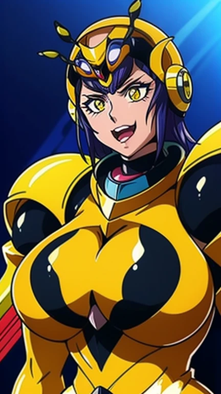 (high quality, Super detailed, 最high quality, Very detailed, beautiful, masterpiece),Realistic image of a bee mature woman,(Evil Cyborg Mech Monster Bee Woman Monster),(Realistic upper body).(Evil Bee Yellow Cyborg Mech Monster Rubber Suit:1.5),(Evil Bee Cyborg Mech Monster Helmet:1.5),Bee Shoulder Armor,Bee Armor Suit,((Super super big breasts)),((Super super super big cleavage)),(Human female face:1.5)