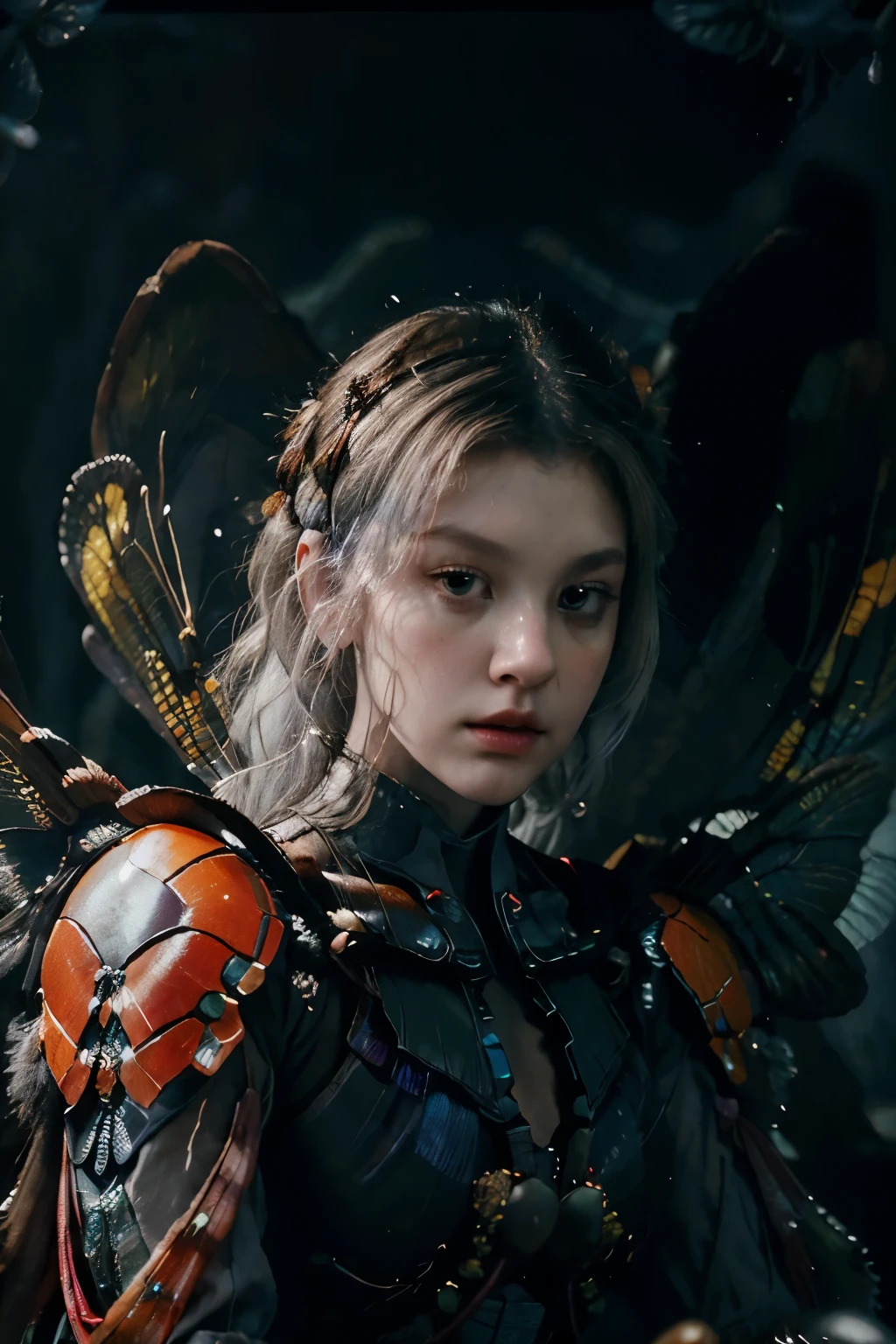 (realistic:1.3) HD, Photo quality, Cinematic lighting, wide angle, (shallow focus:1.4), )(Caravaggio:1.3), (Chiaroscuro:1.4), (Gundam style:1.3). Dark, Cosmic horror, (psychedelic:1.3). Ancients, Gods, Esoteric, Ominous Alien. Beautiful and Elegant Goddess, (Very Clear Dragonfly Wings:1.5), Sitting cross-legged, calmly, (Fantastic grey hair:1.3). Black, Red, and Royal Green Military-styled multilayered bio-mechanical paneled armor, Brilliant colours. Subtle red and yellow glowing neon light emanates from beneath some of her biomechanical parts. Atmospheric (glowing:1.3), Nebulous, hazy, dark misty atmospheric background,