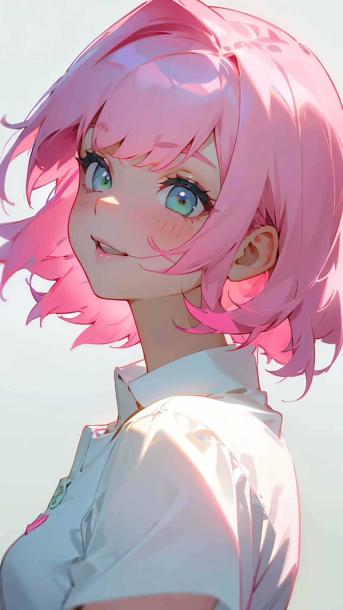 One Girl、single、Pink Hair、short hair、bangs、Pink Hair、Green Eyes、Beautiful Eyes、White polo shirt、From the side、Upper body close-up、Side body、Laugh with your mouth open