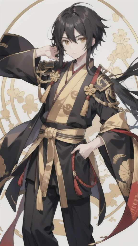black haired boy,male,Golden Eyes,Black Hanfu armor
