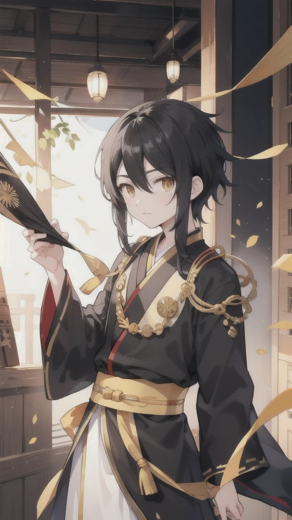 black haired boy，male，Golden Eyes，Black Hanfu armor