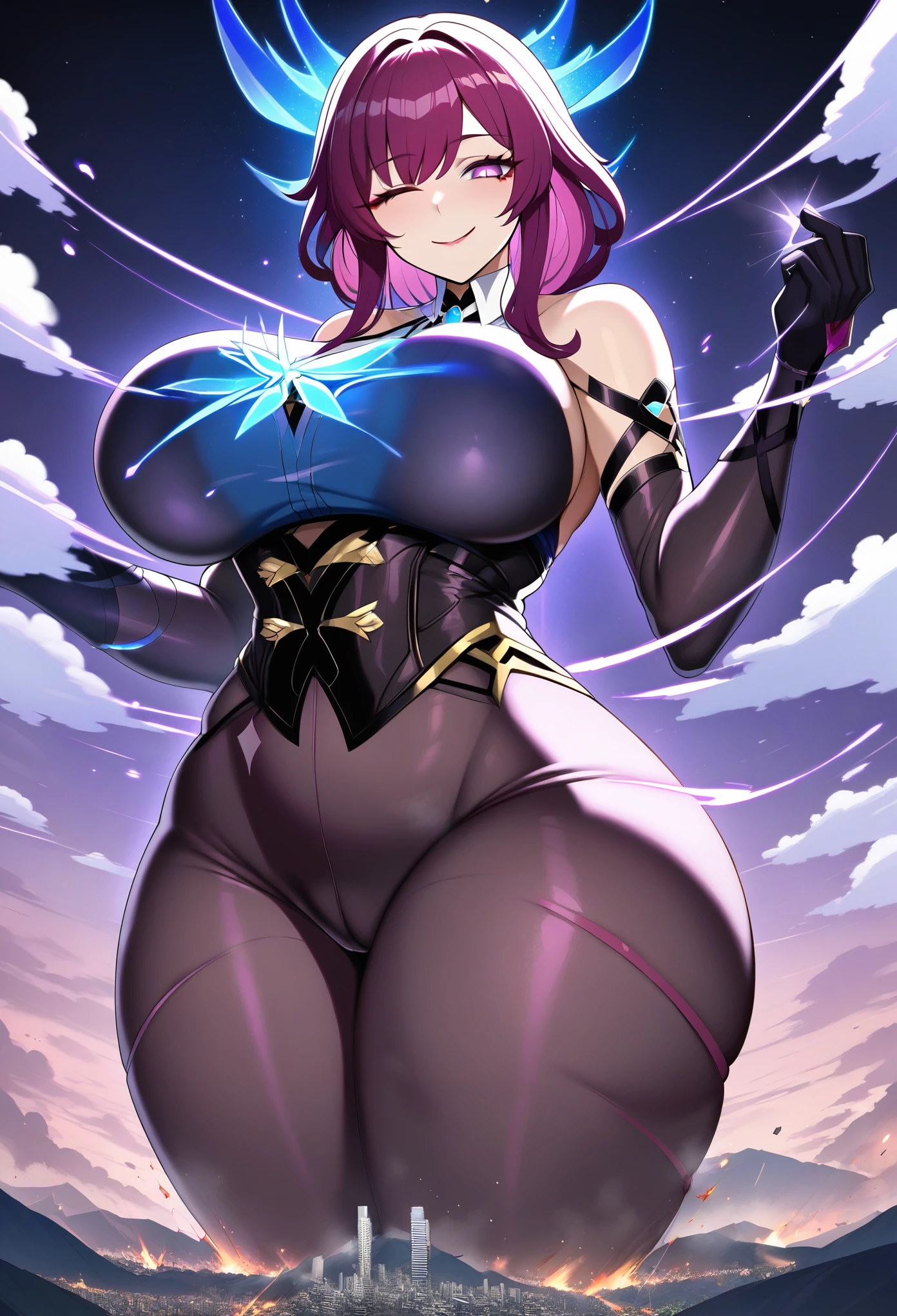 a girl using blue magic,mystical,magic,kafka genshin impact,(jk huge tits),big ass,mature female,milf,curvy body,giga size,taller then a mountain,looming over city,good detail,good quality,evil smile,blood,destruction,one eye closed,explosions