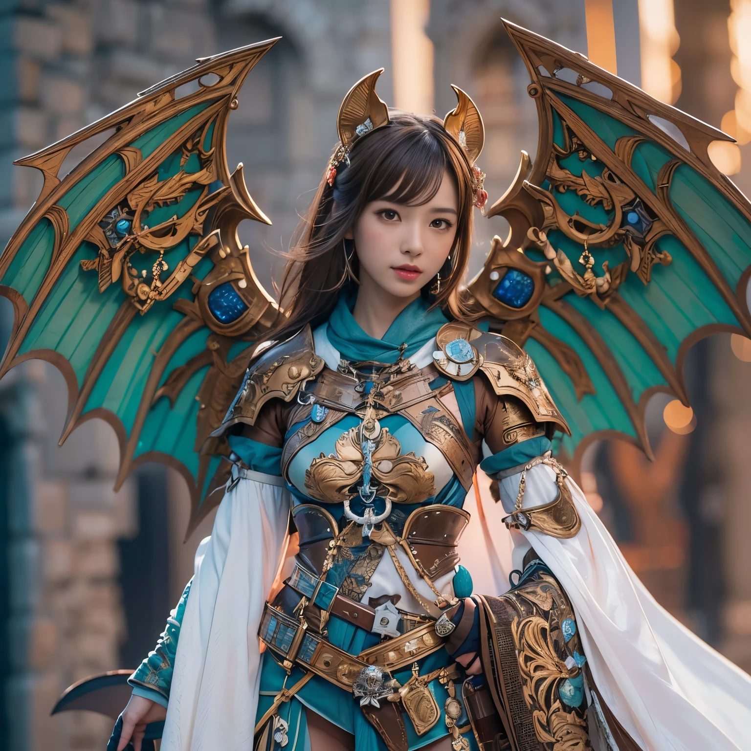 (masterpiece、highest quality、Realistic photos)、A very cute Japanese woman、(Brown skin:1.4)、A complex copper and brass mechanical armor with a skull motif.、Bat Wings、White tone、Blue accents、foot、Extremely intricate details、Posing on the medieval castle walls at sunset、Full Body Shot、Minimum 4 or more generated