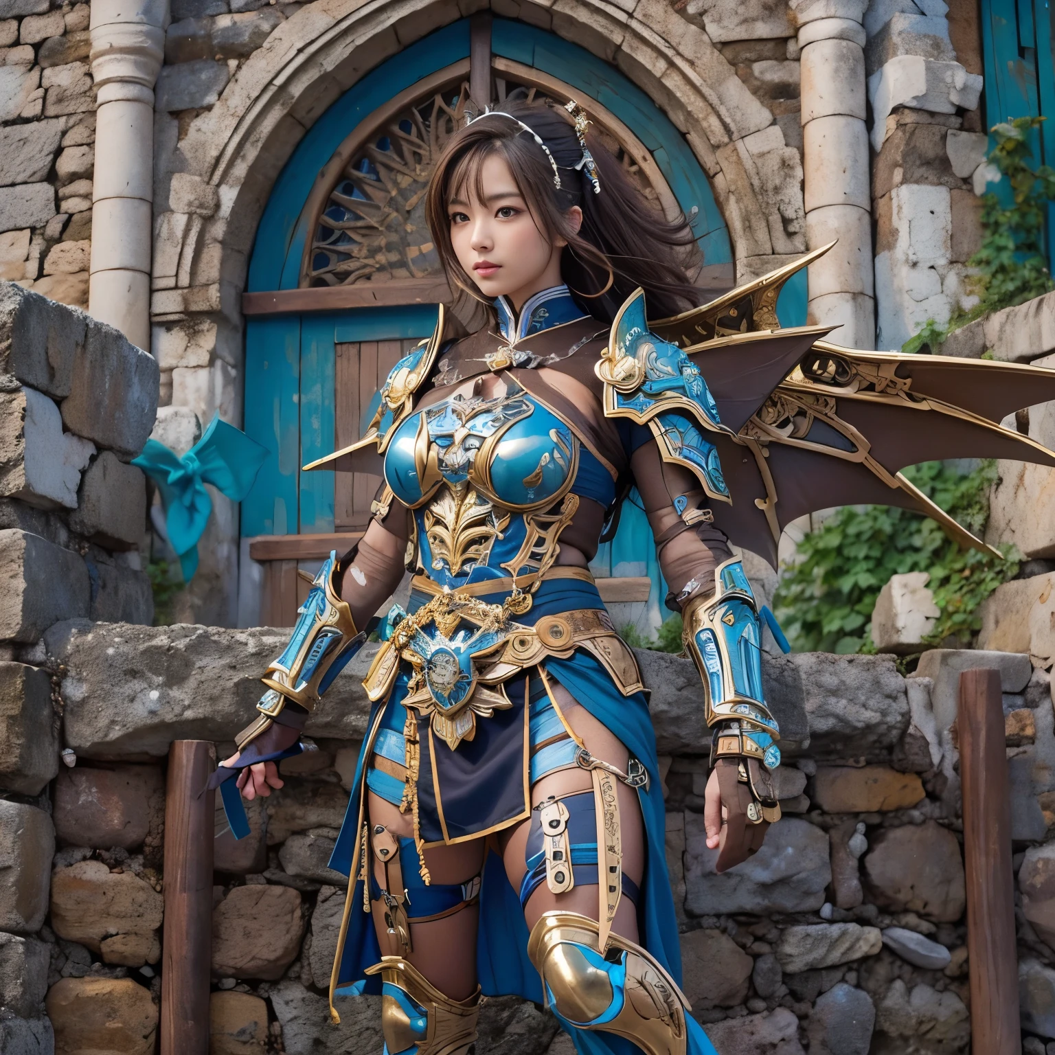 (masterpiece、highest quality、Realistic photos)、A very cute Japanese woman、(Brown skin:1.4)、A complex copper and brass mechanical armor with a skull motif.、Bat Wings、White tone、Blue accents、foot、Extremely intricate details、Posing on the medieval castle walls at sunset、Full Body Shot、Minimum 4 or more generated