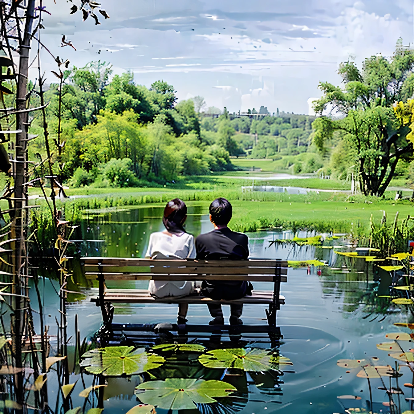 Two lovers seating at a bench another wide of a pond at a village 