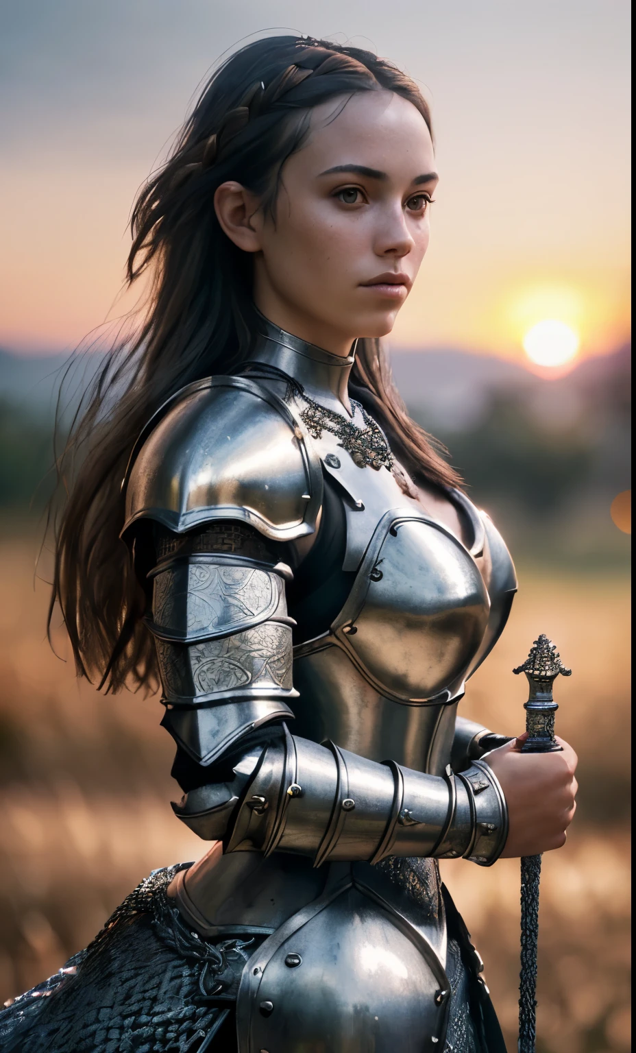 (masterpiece), (extremely intricate:1.3), (realistic), portrait of a girl, the most beautiful in the world, (medieval armor), metal reflections, upper body, outdoors, intense sunlight, far away castle, professional photograph of a stunning woman detailed, sharp focus, dramatic, award winning, cinematic lighting, octane render unreal engine, volumetrics dtx, (film grain, blurry background, blurry foreground, bokeh, depth of field, sunset, motion blur:1.3), chainmail