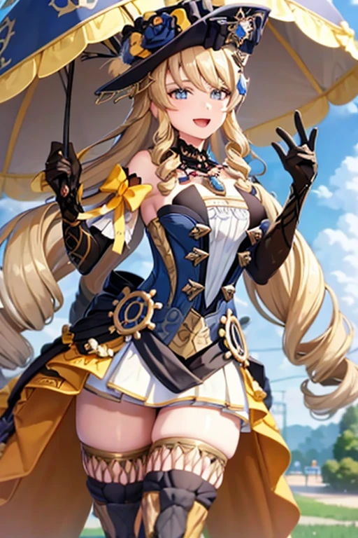 navia_gi, looking at viewer, smile, open mouth, skirt, thighhighs, gloves, hat, dress, holding, bare shoulders, standing, :d, outdoors, detached sleeves, sky, day, cloud, blue sky, umbrella, garter straps, drill hair, brown gloves, water drop, holding umbrella, brown headwear, rainbow