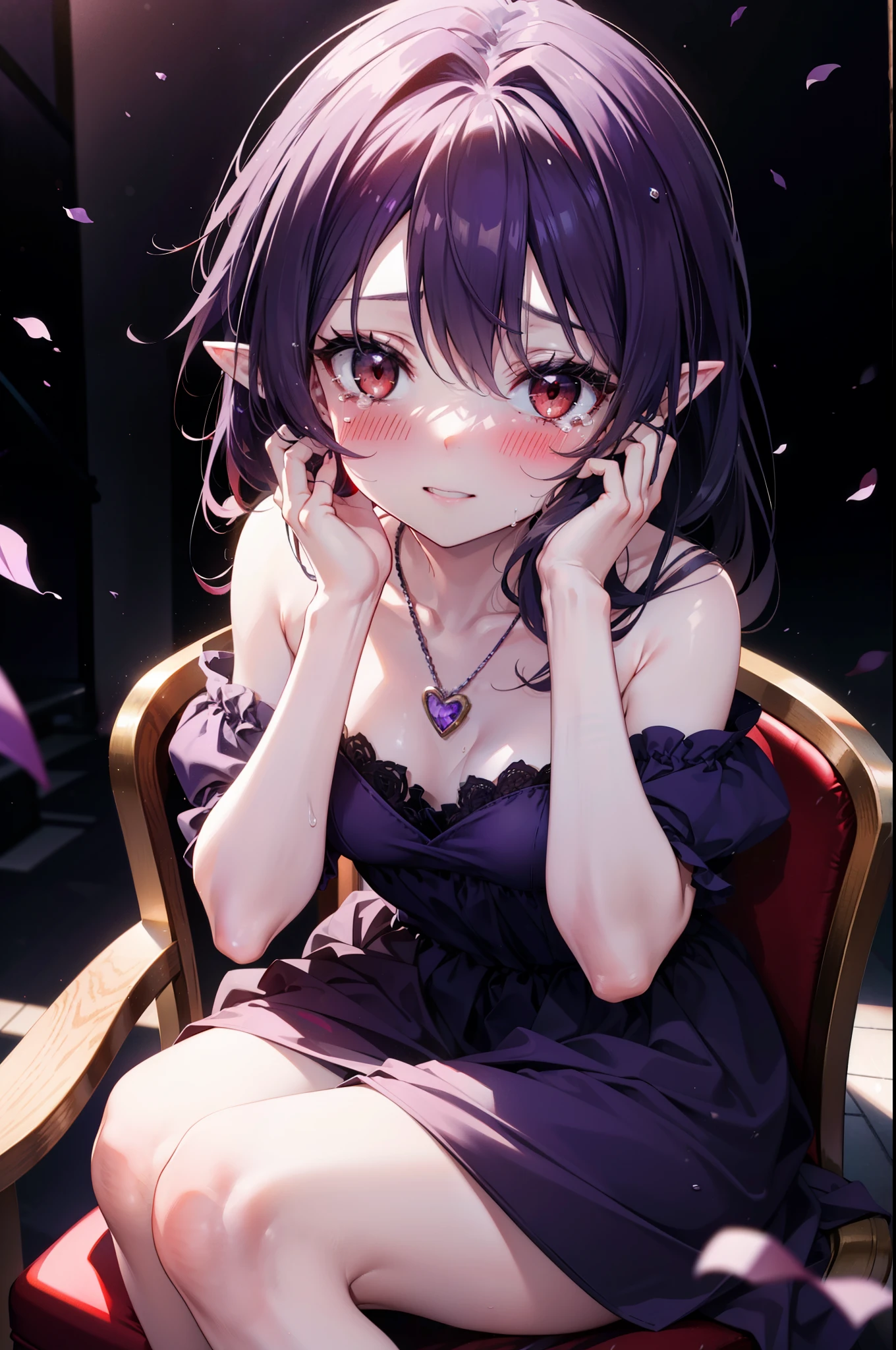 yuukikonno, Yuki Konno,Long Hair, tiara,Pointy Ears, Purple Hair, (Red eyes:1.5), (Small breasts:1.2), smile,Purple Dress,Purple long skirt,purple stiletto heels,No sleeve,Expose your shoulders,Bare arms,Bare neck,bare clavicle,She is sitting in a chair holding a large bouquet of flowers in both hands.,There is a big cake on the table,Heart Necklace,Tears stream down her face,Tears of joy,I cry a lot,whole bodyがイラストに入るように,
break indoors, Party Venue,on stage,
break looking at viewer, whole body,
break (masterpiece:1.2), highest quality, High resolution, unity 8k wallpaper, (shape:0.8), (Beautiful details:1.6), Highly detailed face, Perfect lighting, Highly detailed CG, (Perfect hands, Perfect Anatomy),