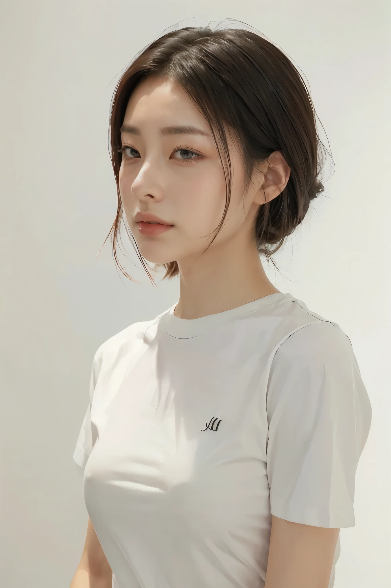 (masterpiece, best quality,:1.2), 1girl, (solo:1.3), upper body, white shirt, short sleeves, , (waifu, realistic, real life, exceptional, best aesthetic, new, newest, best quality, masterpiece:1.2), soft_lighting, soft_skin_tone, feminin_hair, (white background, simple background,:1.2),