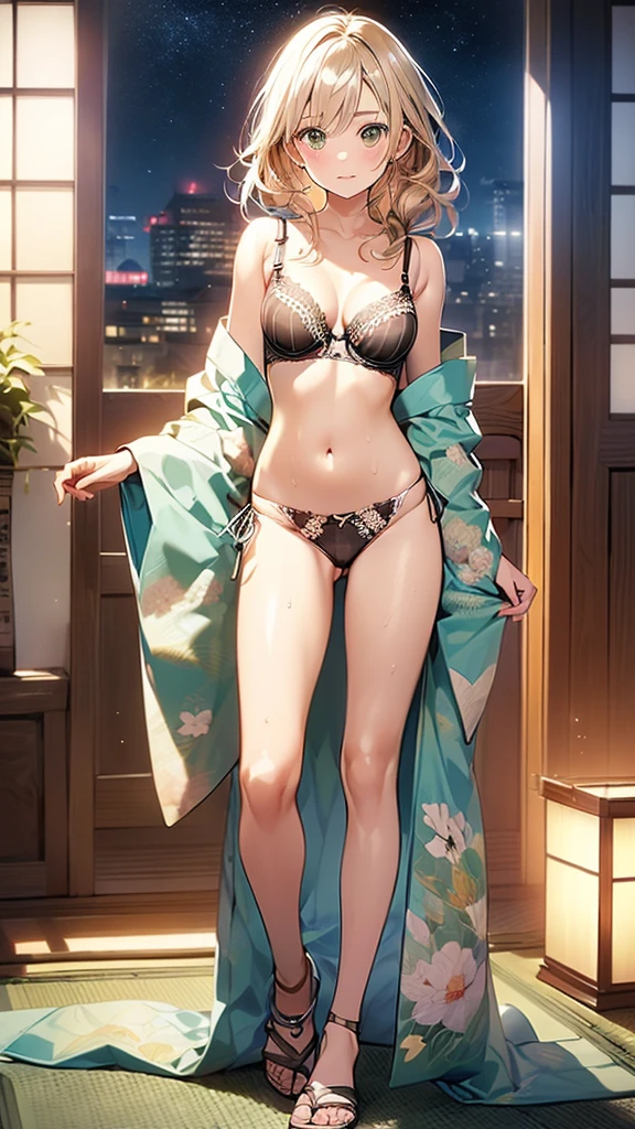 (((night,真night中))),(whole body),(((Cinema Lighting))),((Perfect Anatomy:1.2,Realistic:1.3,RAW Photos:1.3,masterpiece、highest quality、Ultra - High resolution、High resolution、Highly detailed CG、8k)),((attractive way to sit)),((旅館のJapanese-style room))、indoor、1 female,alone,18-year-old、High school girl beautiful girl,Japanese,((Beautiful and graceful face and eyes:1.2,Big beautiful eyes:1.0,)),(Bright Eyes),((Beautiful woman))、((blonde)),Long Hair,(Random hairstyle),Medium Chest,((The body is slim)),Small Head:1.3,skinny,(Brown Skin:1.8),((Oily skin,Glowing Skin,Shiny skin,Sweat:1.4)),((Model pose)),(((Kimono 1.8))),{{{Undressing}}},(prostitution),Japanese-style room,((Turn your body forward)),Stick out your crotch、(Detailed depiction of the crotch),break,(((Satin Bra)))、(((satin panties)))、(Shiny bra:2),((Shiny panties:2))、(((Award-winning design underwear))),((((Bra and panties are the same color))))、break,((Green underwear))、