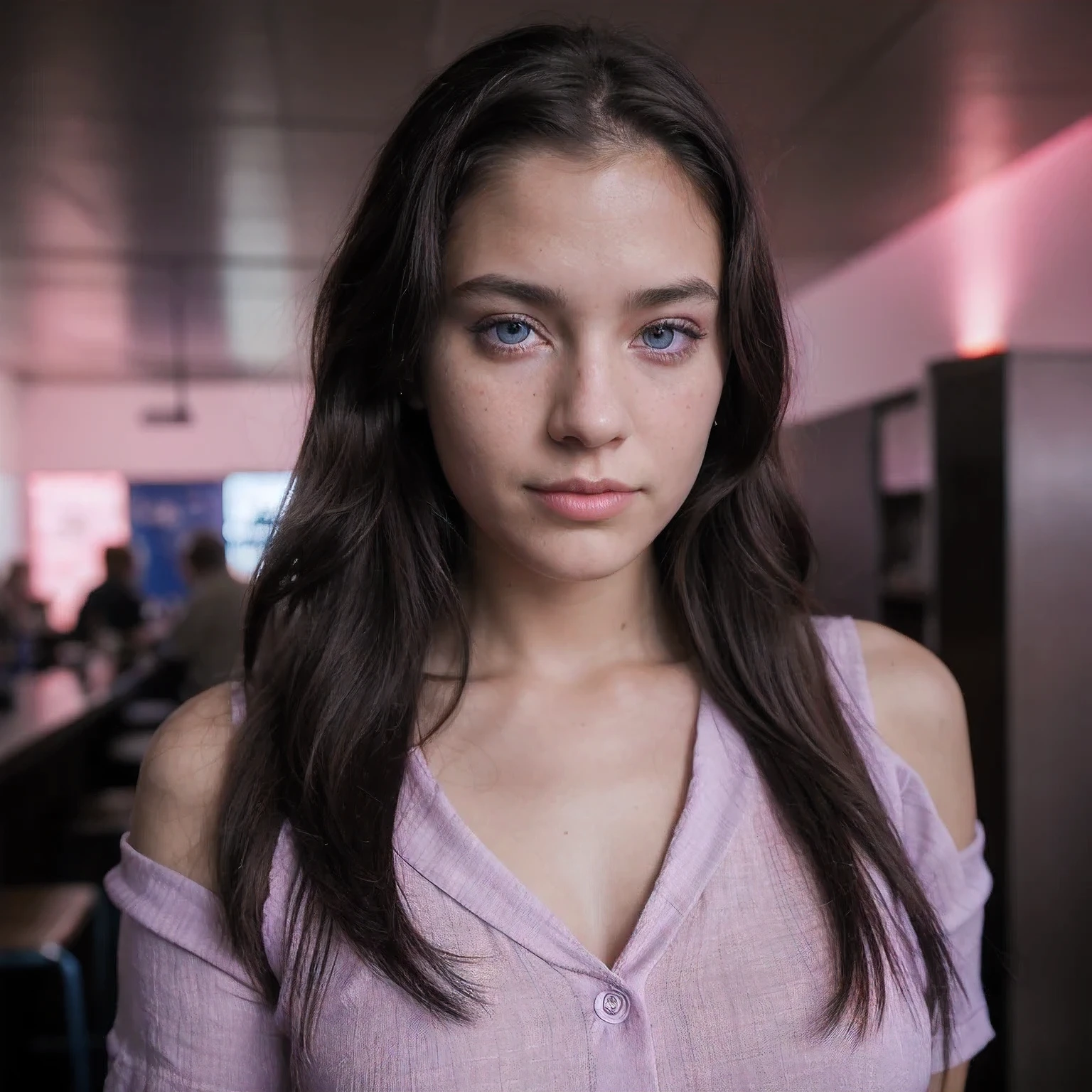 photo of a schoolgirl，19 years old, in Purple Pink, futuristic cotton and linen, (freckles:0.8) cute face, sci-fi, dystopian, detailed eyes, cobalt blue eyes（（Side view））Disco bar