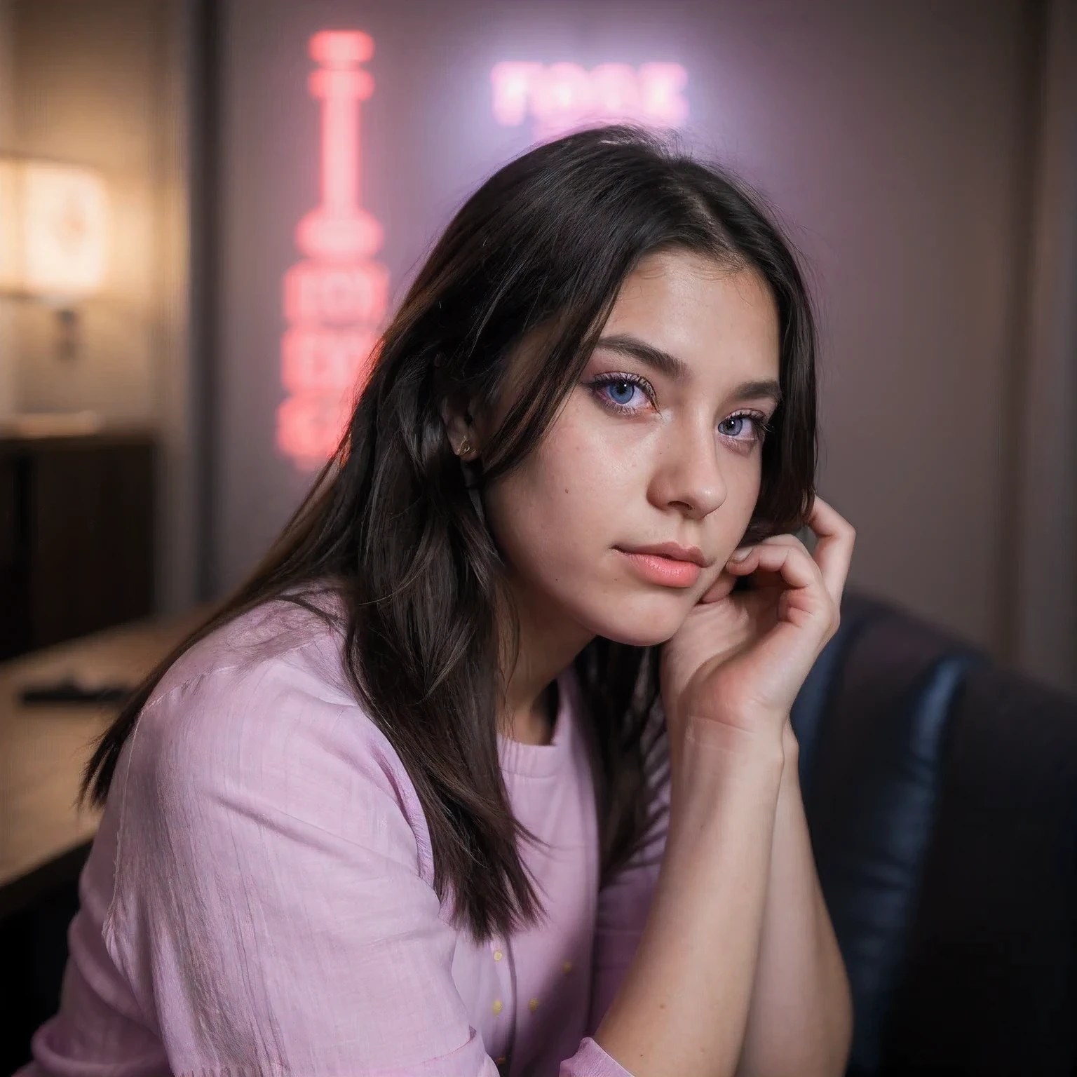 photo of a schoolgirl，19 years old, in Purple Pink, futuristic cotton and linen, (freckles:0.8) cute face, sci-fi, dystopian, detailed eyes, cobalt blue eyes（（Side view））Disco bar