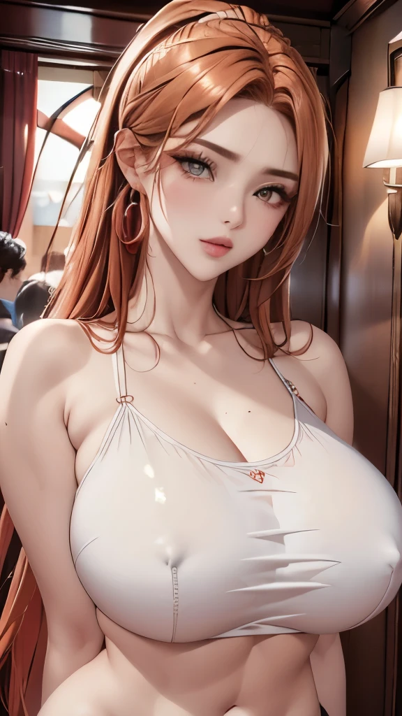 (masterpiece:1.3)、Very fine finish、(High resolution、8k:1.3)、(highest quality、Ultra-realistic as a photo:1.5)、Sharp focus, super High resolution face、The face is in focus、Ultra high definition and beautiful eyes.、(Eyes are symmetrical:1.3)、Beautiful and high-definition skin、Firm Skin、Face close-up、very pretty、very pretty、Natural Makeup, Bright lips ,, whole body, , Earrings, Crop top, Very long hair, darkest orange Hair, Slicked back hair, White, Watching the audience, Happy, from breasts up,