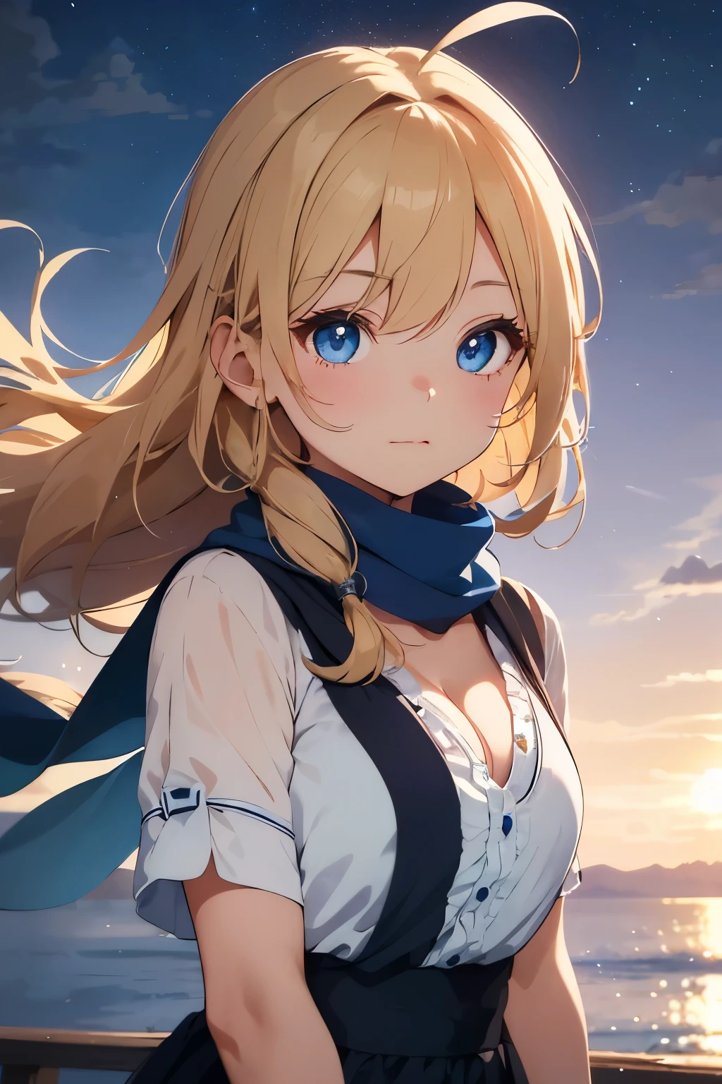 UHD, 4K, Hyper Realistic, Superb Details,
((((SFW))), 1 pretty girl with ahoge and bangs,
Blonde hair blowing in the soft breeze,
Kisses curled up at the corners of her mouth,
Blue eyes hidden beneath a blue scarf,
Contrasting brown scarf wrapped around her neck,
Cleavage subtely peeking out from her dress,
Closed mouth with eyelashes bathed in the soft light,
Intricate details of her face, on full display,
Floating hair catching the gentle night wind,
A strand falling playfully between her eyes,
Her heart exposed in