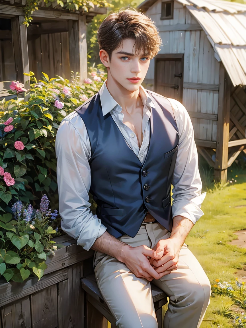 11:32:31 
A boy, short back hair, wavy hair, sky blue eyes. Open vest, exposed vagina, handsome boy, detailed eyes, detailed face, detailed hands, looking at the viewer. Background in a farm, wearing farm hut, with necklace, full body naked