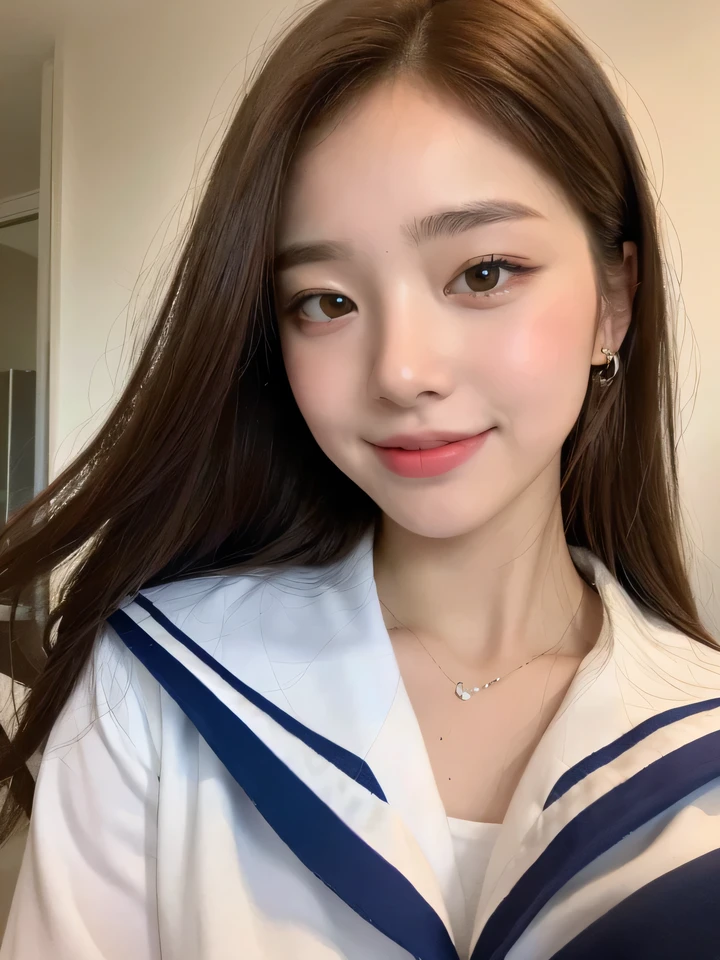 ((highest quality, 8k, masterpiece: 1.3)), whole body、(1 16 year old girl), Slim figure: 1.4, (Brown Hair, big: 1.3), Highly detailed face, Fine grain, double eyelid, (Sailor suit schoolgirl), Laughter, ,