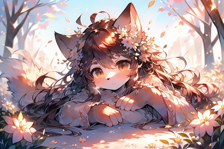 monochrome, watercolor, high resolution, top quality, best quality, Paid rewards available, High-quality illustrations, An unrivalled masterpiece, Perfect work of art, absurd, Long dress in Greek style，exotic，girl, Beast field, hairy, Detailed body fur, Animal Face,Canine nose animal hand, calm, arctic fox，Brown hair，Long hair，Loose strands of hair，Brown tail，hairy尾巴，lying on the grass，Surrounded by white flowers，Fan creations shared on Pixiv or other platforms ,