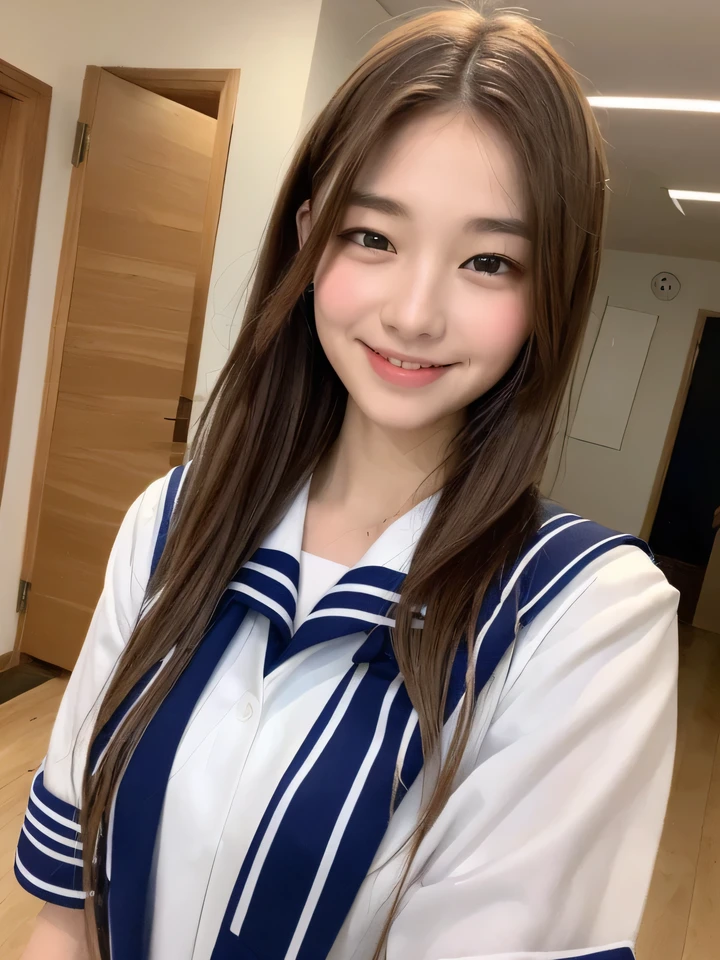 ((highest quality, 8k, masterpiece: 1.3)), whole body、(1 16 year old girl), Slim figure: 1.4, (Brown Hair, big: 1.3), Highly detailed face, Fine grain, double eyelid, (Sailor suit schoolgirl), Laughter, 16 years old,