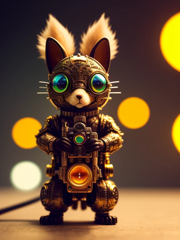 Cute fluffy squirrel made of metal, cyborg, Cyberpunk Style, clockwork, ((Intricate details)), Hmph, Big eyes, ((Intricate details, Hyper Detail)), Vacuum tube or electron tube, Cinematic shots, Vignette, Bokeh effect background