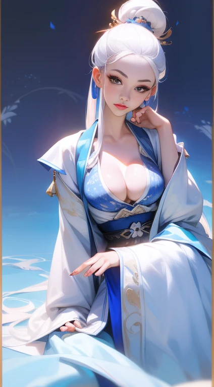 Blue and white porcelain style，Chinese Clothing，White clothing，The clothes have a blue and white pattern，Chinese Art Style，Fashion model 18 years old [[[[特写Cleavage]]]], (((Cleavage)))
[[[[breast]]]], [[[[Cole]]]], [[[[bShoulder]]]], Perfect eyes, Perfect iris，Perfect lips，Perfect Teeth，Perfect skin，Fair skin，Soft headlight，HDR，Movie Girl，White hair，The expression is melancholy，Background with ancient Chinese interior decoration，4k ultra high definition, Ultra-high resolution, (Reality: 1.4), best quality，masterpiece，Super dilution，（Pastel colors：1.2）