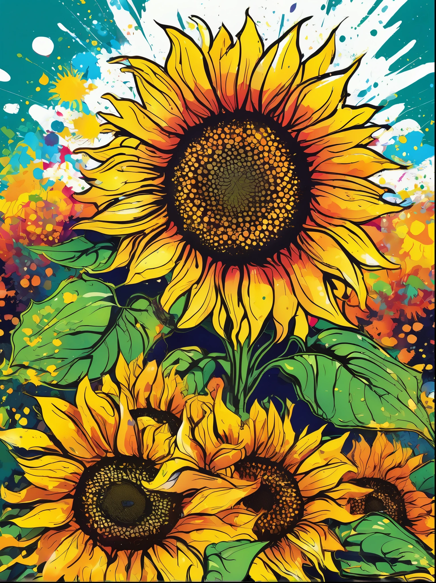 Vector Art, Colorful illustration with lots of sunflowers, In the center, Vibrant colors, Paint splatters and stains, High Detail,Hawaii Background
