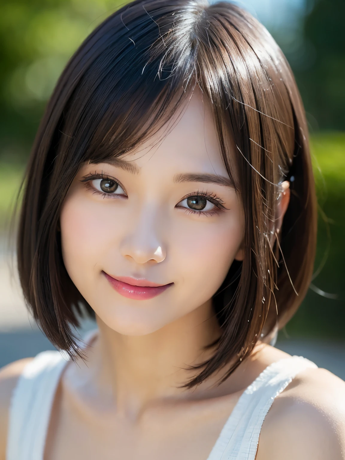 (Tabletop)、(highest quality:1.5)、(Realistic:1.5)、(1 person:1.5)、(Very detailed)、(High resolution)、8k、Dynamic composition、camisole、normal breasts、Natural color lips、Cute Smile、Cute Smile、20-year-old girl、(Beautiful and elaborate face)、(Perfect and beautiful face)、(Big eyes)、(Beautiful and elaborate face)、(Balanced eyes)、Perfect and beautiful double eyelids、Perfect and beautiful face、Arched eyebrows、 Thin eyebrows、Feminine poses、Slim face and figure、Beautiful and thin nose、 Beautiful Skin、(Medium Bob Hair)、Natural Bangs、Fair skin、Front lighting、Lighting the face、