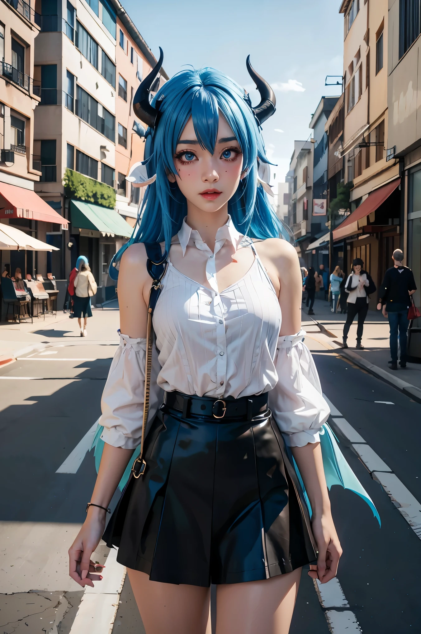 Anime girl with blue hair and horns on a street, 3D realistic anime, 2. 5 d cgi anime fantasy artwork, anime style 3d, anime style. 8k, 4k anime style, 3d style realistic anime, deviantart artstation cgscosiety, digital anime art, guweiz style art art, detailed digital anime art, white shirt, dragon wings