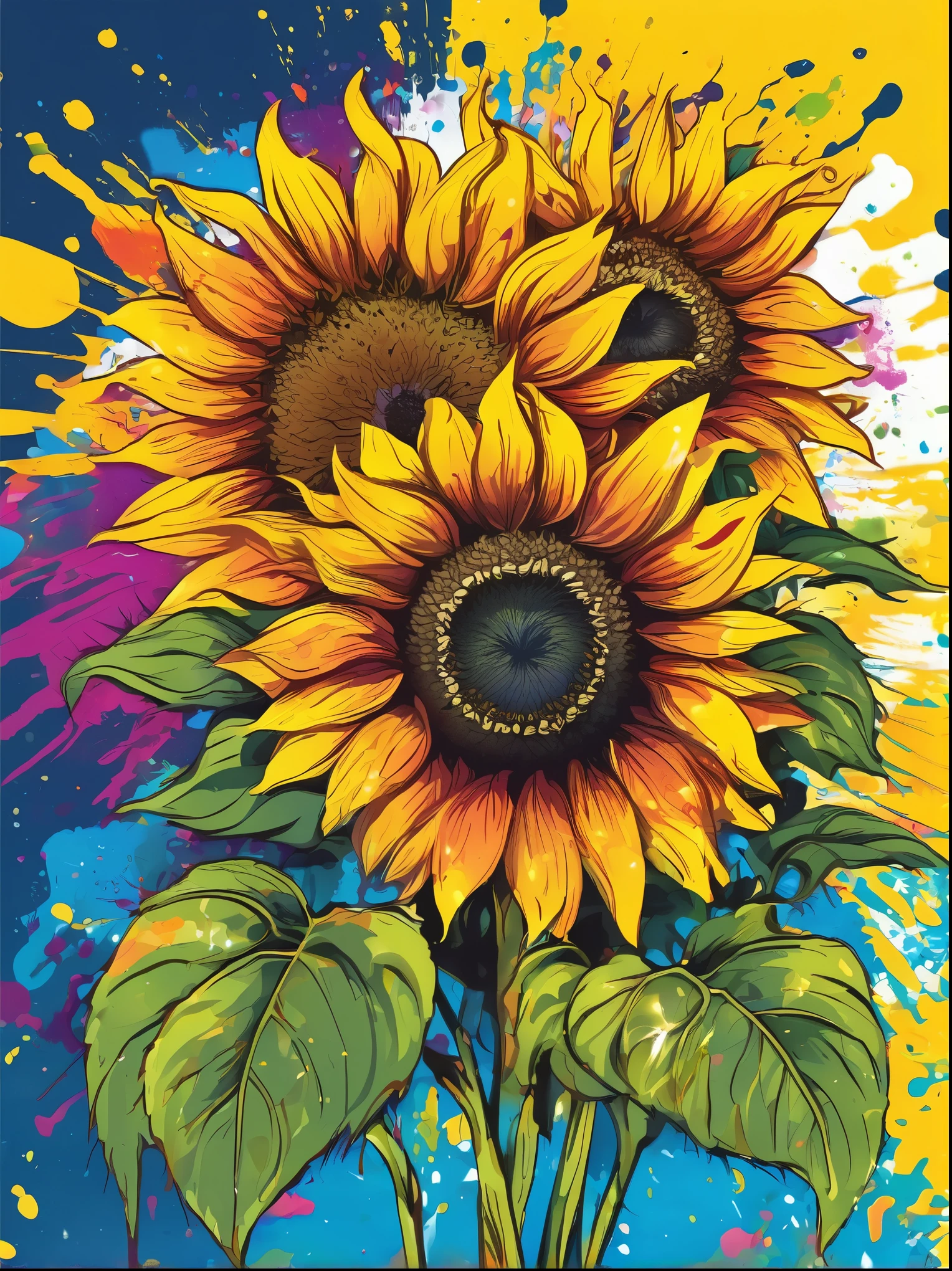 Vector Art, Colorful illustration with lots of sunflowers, In the center, Vibrant colors, Paint splatters and stains, High Detail,Hawaii Background

