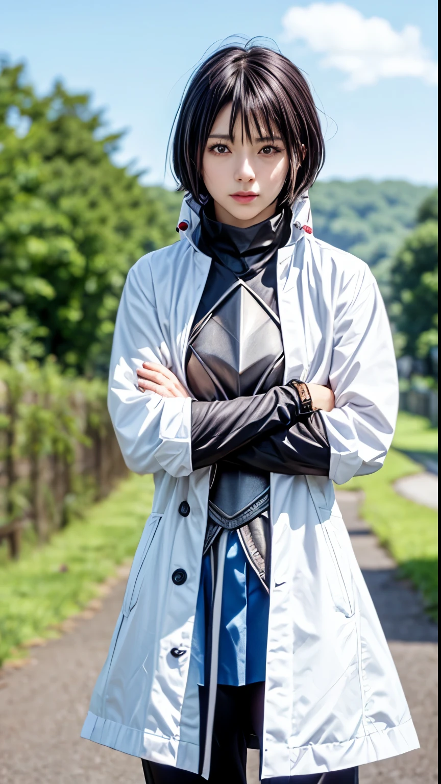 Realistic, (4K), Depth of written boundary, (masterpiece), (Realistic skin texture), Very detailed, Complex, Super detailed, Professional photography, Bokeh, High resolution, Sharp details, highest quality, woman, White coat, Long coat, breastplate, Black trousers, Purple Skirt, short hair, Black Hair, Purple eyes, High collar, Black gloves, (Arms crossed:1.3), Outdoor, forest, wood, Bushes, Dirt road, ditch, Cowboy Shot,hinatasakaguchi, hinata sakaguchi, Black Hair, (Iris:1.5), short hair, Hair between the eyes, break , break cowboy shot, View your viewers, break outdoors, nature, break (masterpiece:1.2), highest quality, High resolution, unity 8k wallpaper, (figure:0.8), (Beautiful fine details:1.6), Very detailedな顔, Perfect lighting, Very detailedなCG, (Perfect hands, Perfect Anatomy),
