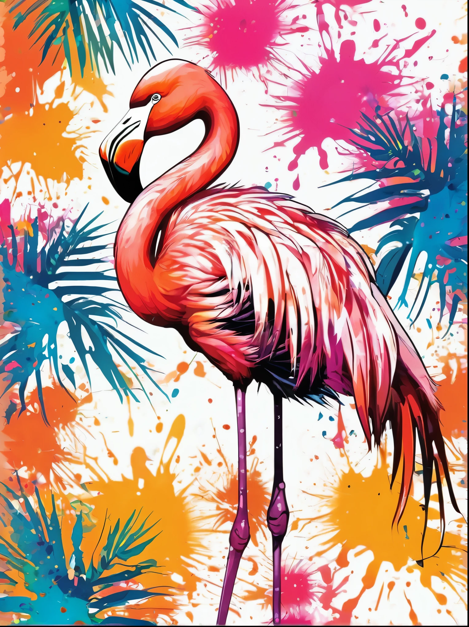 Vector Art, Colorful illustration with flamingo, In the center, Vibrant colors, Paint splatters and stains, High Detail,Hawaii Background
