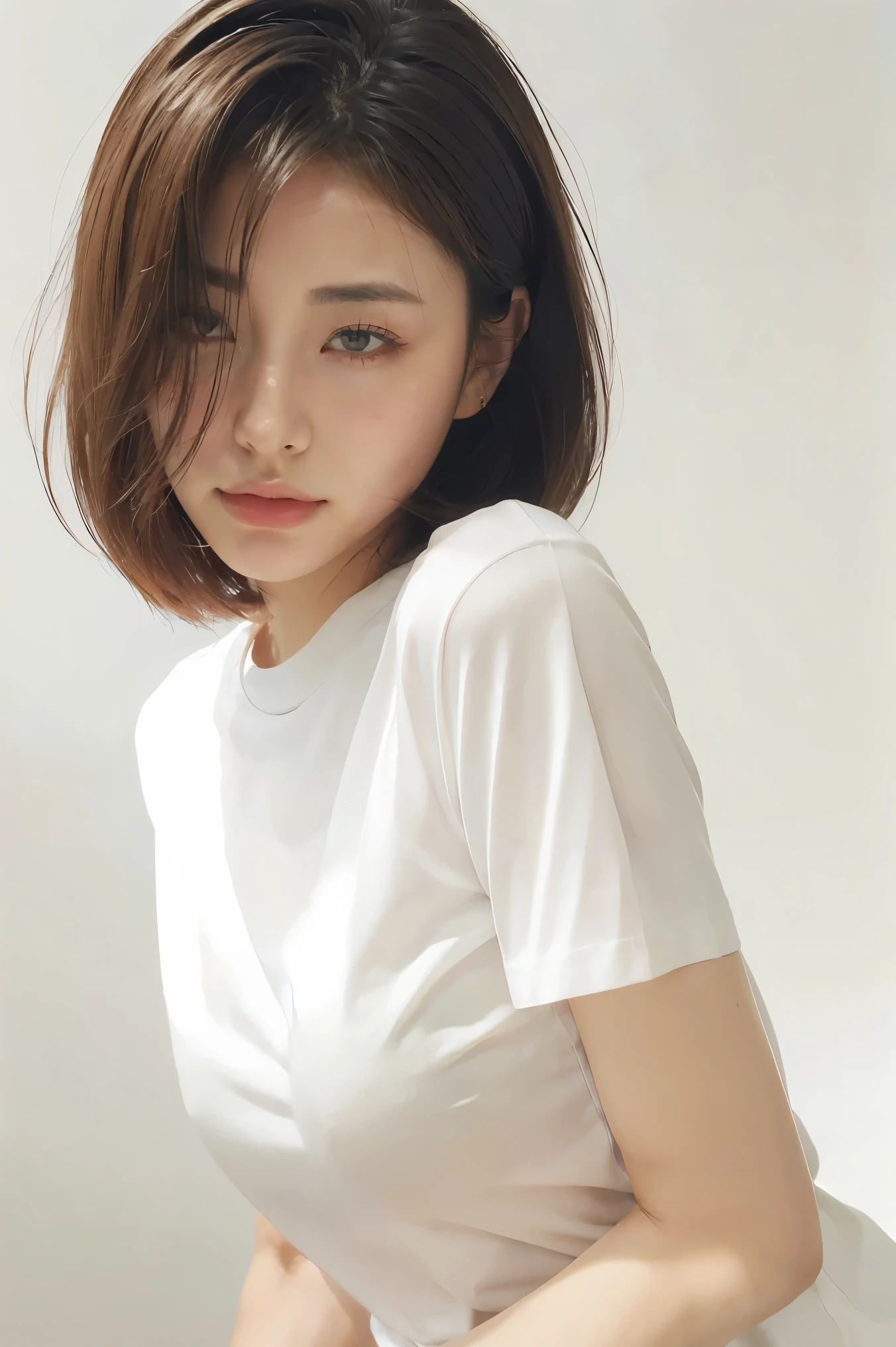 (masterpiece, best quality,:1.2), 1girl, (solo:1.3), upper body, white shirt, short sleeves, , (waifu, realistic, real life, exceptional, best aesthetic, new, newest, best quality, masterpiece:1.2), soft_lighting, soft_skin_tone, feminin_hair, (white background, simple background,:1.2),