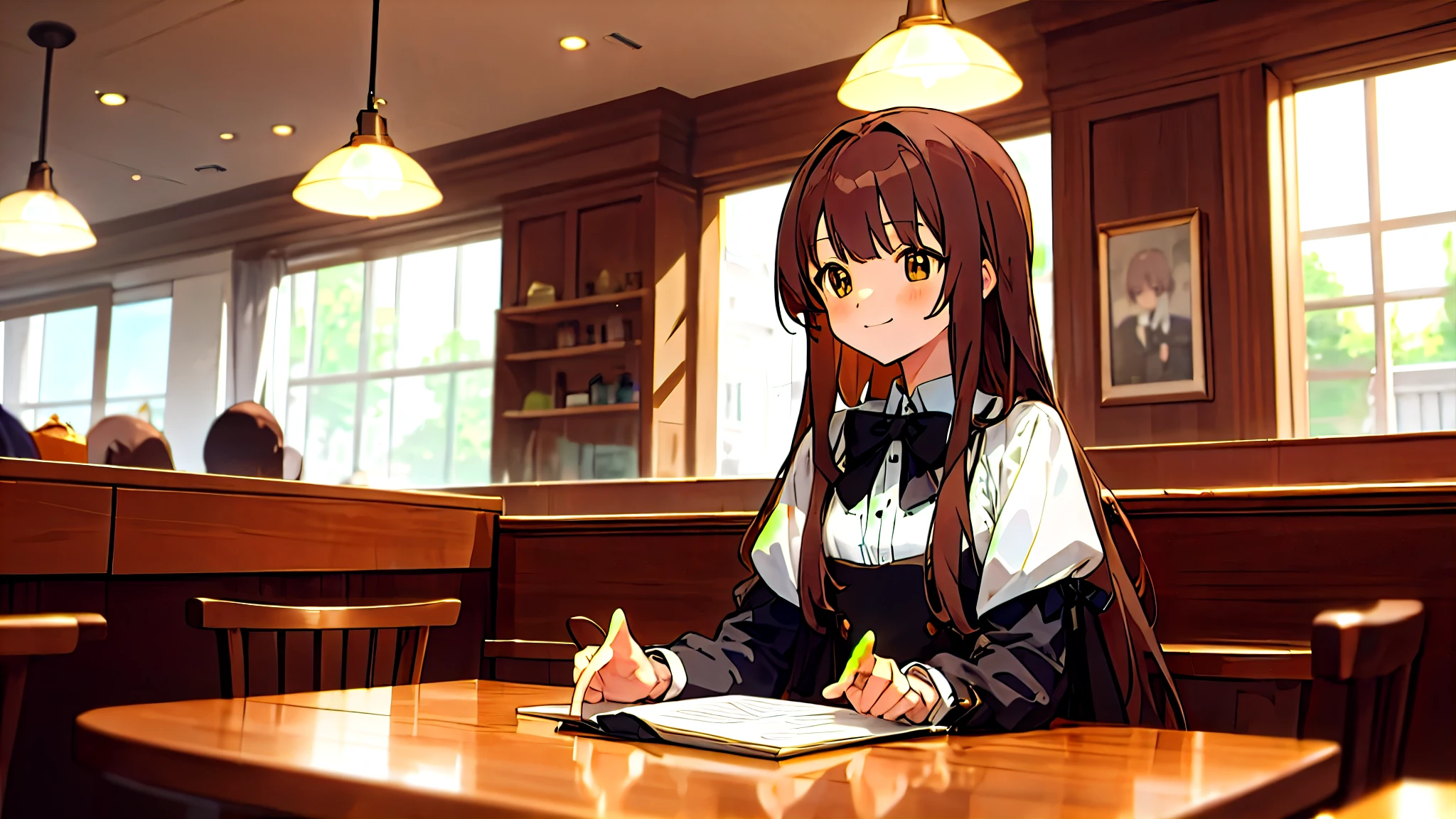 Upper Body, Mid Shot, woman, Fine grain, Anime girl sitting at a table with a laptop, Semi-long hair, Brown Hair, bangs,, white , Black bow tie, Long sleeve, Cafe、Inside the restaurant, smile