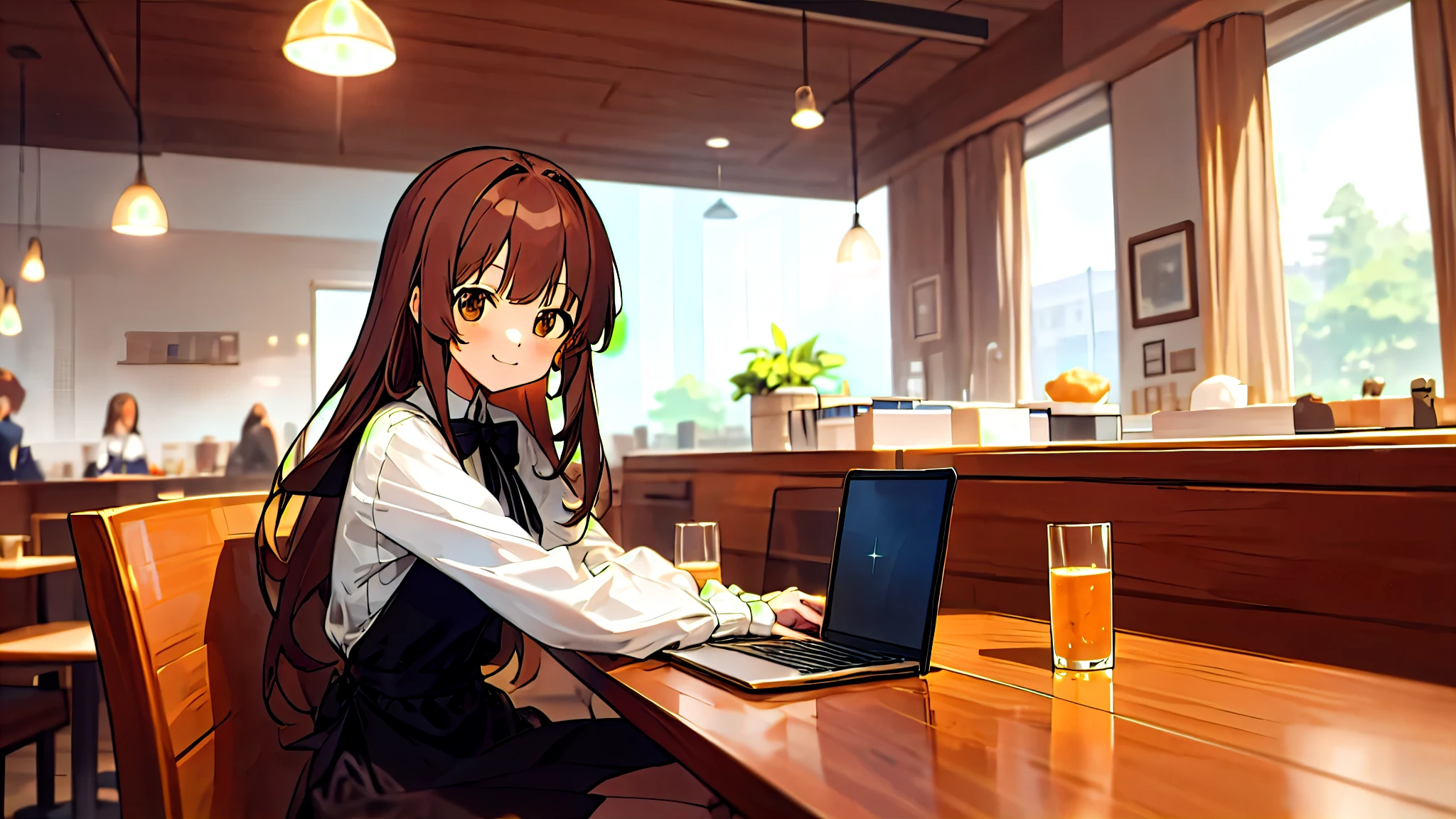 Upper Body, Mid Shot, woman, Fine grain, Anime girl sitting at a table with a laptop, Semi-long hair, Brown Hair, bangs,, white , Black bow tie, Long sleeve, Cafe、Inside the restaurant, smile