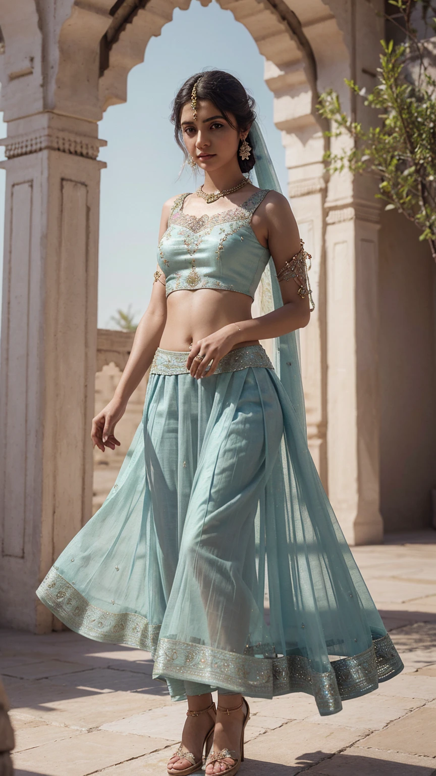 Create a 3D image featuring a girl in an ethereal ghagra choli, incorporating delicate embroidery, flowing fabrics, and dreamy pastel colors for a fairy-tale vibe.