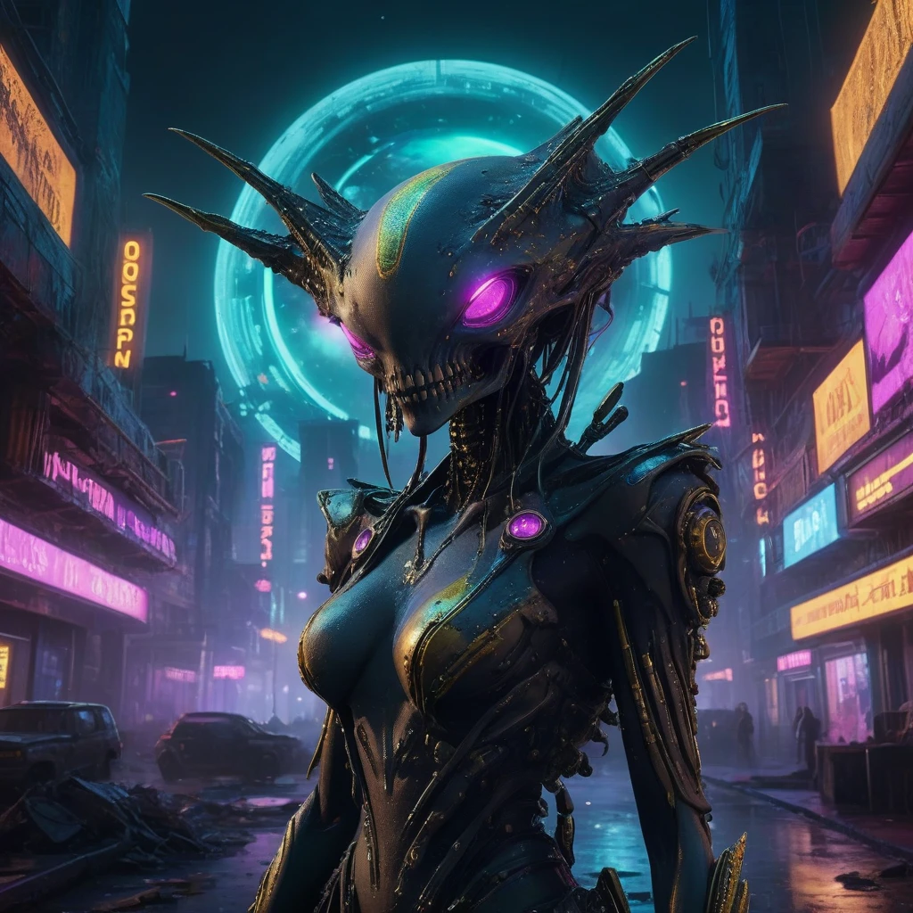 (best quality,highres:1.2,ultra-detailed,photorealistic:1.37),sci-fi cinematic masterpiece,punk rock ambiance,futuristic alien landscape,during the night,Nikon D3300,L USM,shining eyes,award-winning,gritty atmosphere,otherworldly creatures,cyberpunk cityscape,neon lights,punk fashion,moonlit sky,high-tech gadgets,visually striking,energetic music,vibrant colors,edgy vibe,urban decay,technological advancements,extraterrestrial architecture,star-filled background,intense emotions,raw emotions, dynamic composition,imaginative concept art,Jaw-dropping visuals