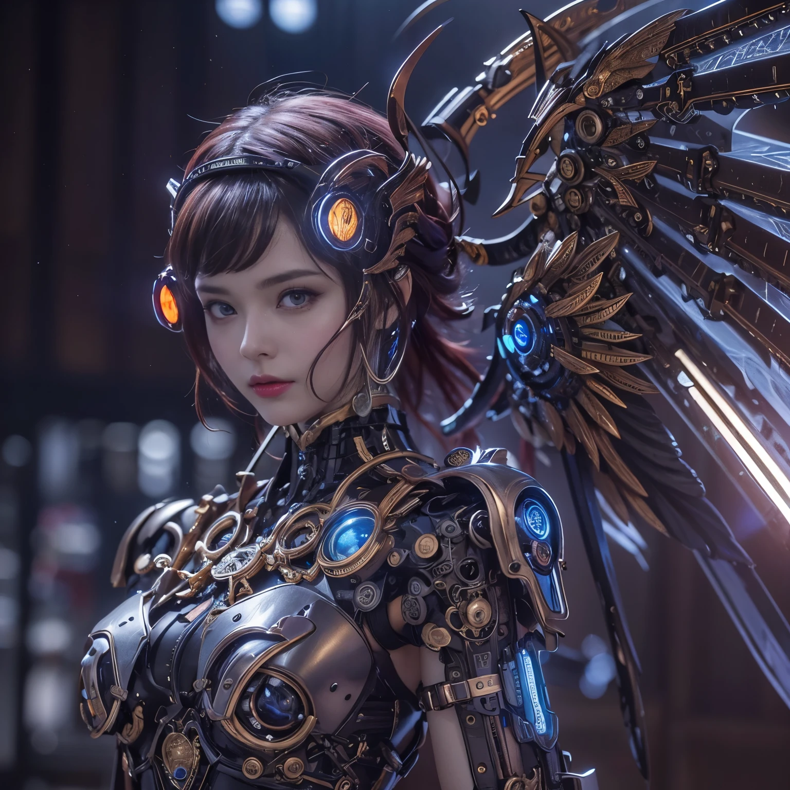 (top-quality:1.2, masterpiece)、ultra high resolution、extremely ultra surrealism, (Photorealsitic:1.4)、Raw photo、(Steampunk Battle Cyborg fallen angel)、large wings made of metal、black porcelain body、red hair、glowy skin、1 Cyborg girl、(mechanical frame:1.3)japanese, extremely cute face, ((super realistic details))、portrait、globalillumination、Shadow、octan render、8K、ultrasharp、character edge light、Details of complex ornaments、Acrylic Clear Cover、Sumerian details、Hydraulic cylinder、Small LED lamp、highly intricate detail、Realistic light、a purple eye、radiant eyes、Facing the camera、neon details、cowboy shot、Futuristic headgear、About Cyberpunk