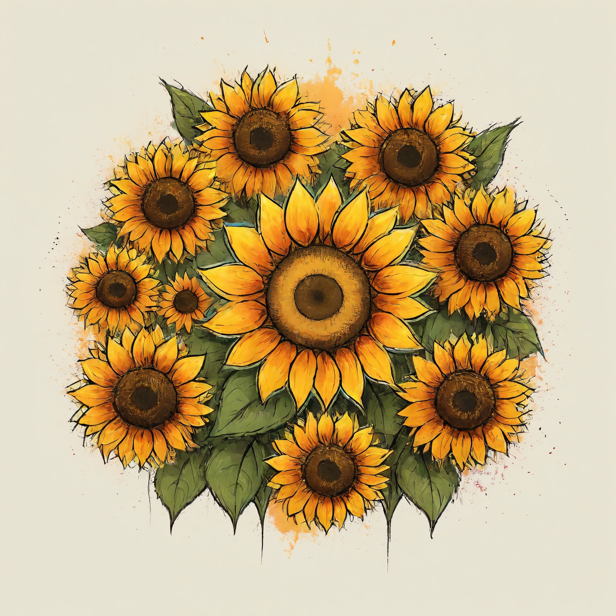 Vector Art, Colorful illustration with lots of sunflowers, In the center, Vibrant colors