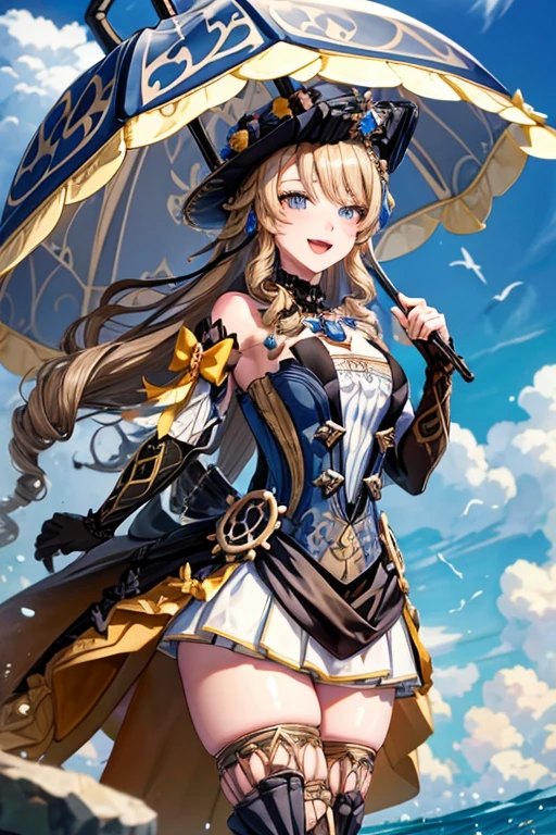 navia_gi, looking at viewer, smile, open mouth, skirt, thighhighs, gloves, hat, dress, holding, bare shoulders, standing, :d, outdoors, detached sleeves, sky, day, cloud, blue sky, umbrella, garter straps, drill hair, brown gloves, water drop, holding umbrella, brown headwear, rainbow