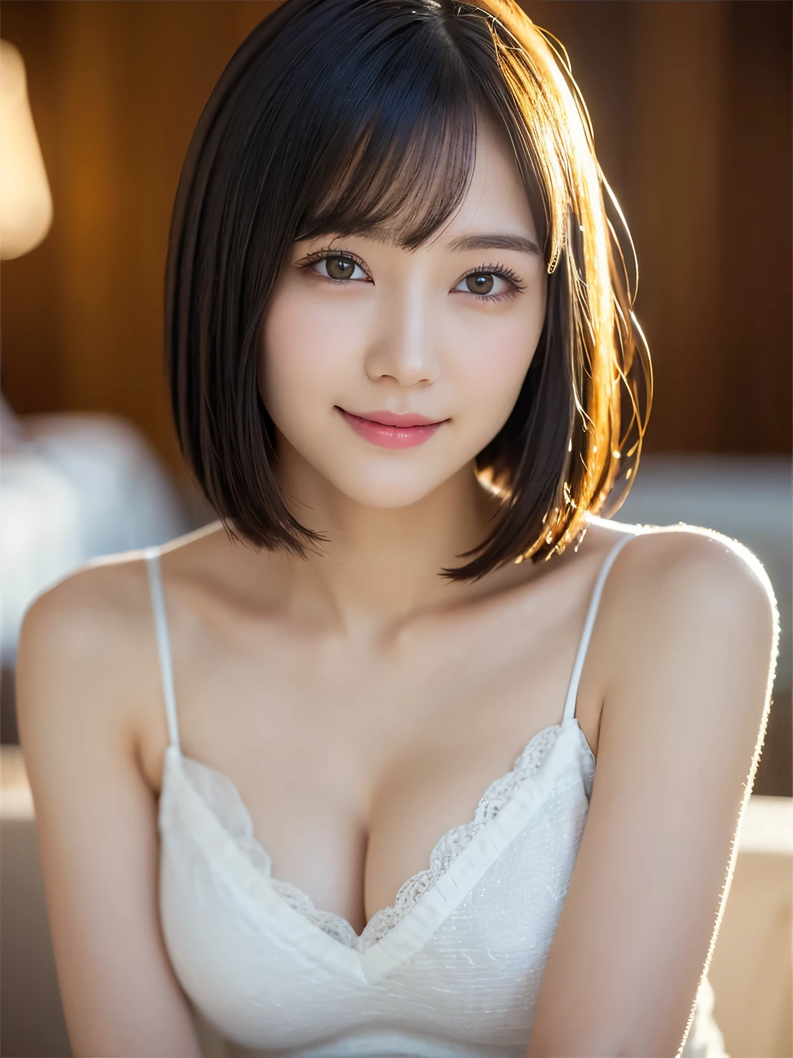 (Tabletop)、(highest quality:1.5)、(Realistic:1.5)、(1 person:1.5)、(Very detailed)、(High resolution)、8k、Dynamic composition、(camisole)、normal breasts、Natural color lips、Cute Smile、Cute Smile、20-year-old girl、(Beautiful and elaborate face)、(Perfect and beautiful face)、(Big eyes)、(Beautiful and elaborate face)、(Balanced eyes)、Perfect and beautiful double eyelids、Perfect and beautiful face、Arched eyebrows、 Thin eyebrows、Feminine poses、Slim face and figure、Beautiful and thin nose、 Beautiful Skin、(Medium Bob Hair)、Natural Bangs、Fair skin、Front lighting、Lighting the face、Beautiful cleavage、