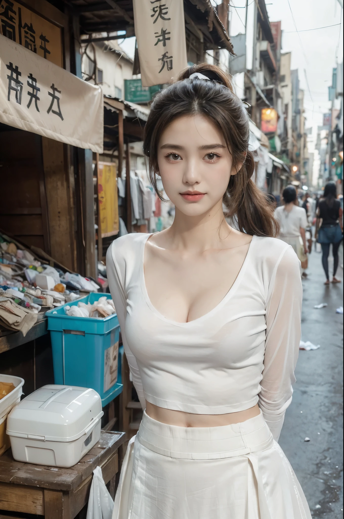 (Extremely meticulous CG),(((8k))),wallpaper,(Portrait above the chest:1.3),((Extremely refined and beautiful)),(((Masterpiece))),(((best qualtiy))),(((Ultra High Resolution))),beautiful light up,realistic shaded,(Smooth and flawless fair skin:1.5),(Extremely exquisite facial details:1.2),(ultra-detailed:1.5),((a beautiful girl,solo)),(short ponytail:1.2),(small head:1.2),(slender face:1.2),(Exquisite makeup:1.3),(smiling:1.2),(laughing:1.2),(perfect body:1.1),(long sleeves:1.3),(T-shirt:1.5),(cleavage:1.3),(maxi White gauze skirt:1.5),(bare thighs:1.3),((slim,thin)),(small breasts:1.2),(flat chests:1.2),(from front:1.3),(standing:1.3),(In the slums:1.3),(In a rundown market full of garbage everywhere:1.5),(dirty atmosphere:1.3),(outdoor:1.3),(stalls selling fruits:1.3),(early summer:1.3),(day scene:1.5),(cloudy:1.3),(surrounded by crowded crowds:1.5),(upper body:1.3),(arms behind back:1.2)