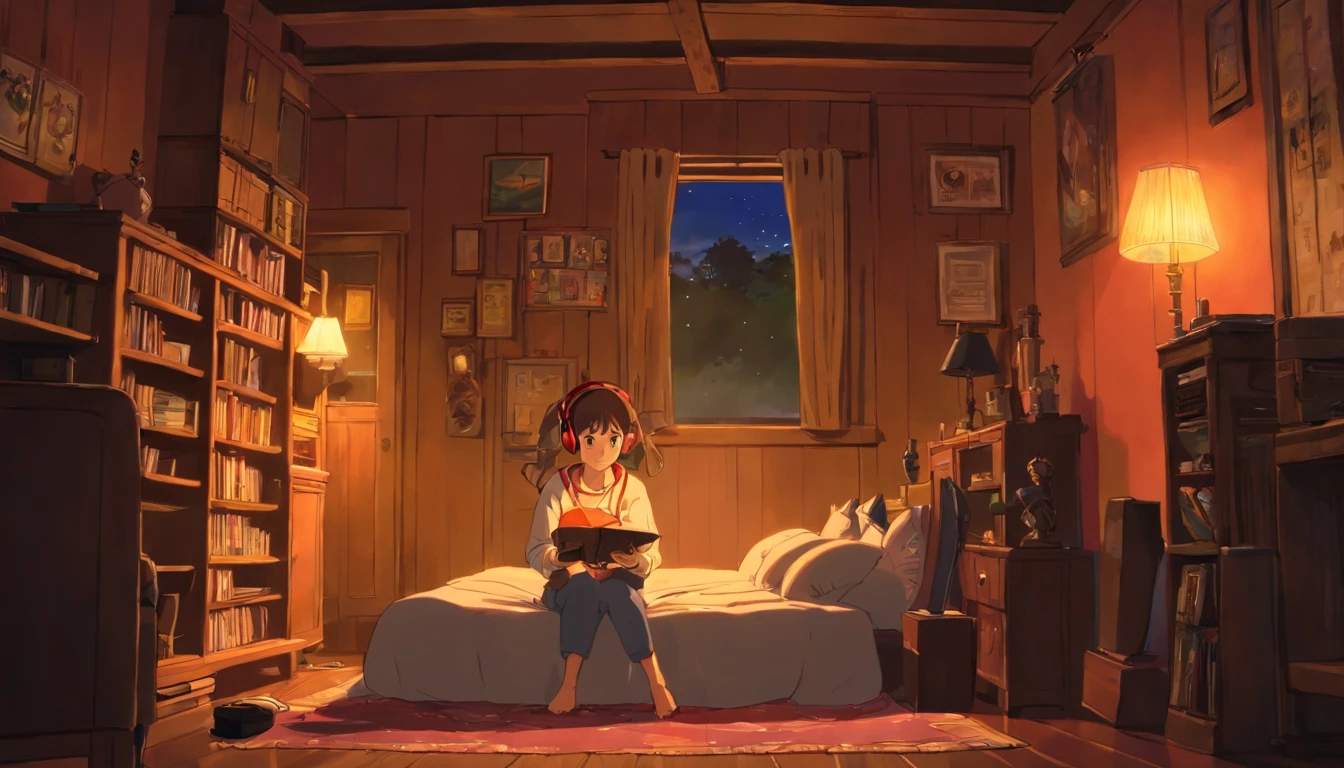 night、Girl listening to music in a cozy room, Use headphones, 2D Style Anime, I will fix it, hard disk, Dark Environment