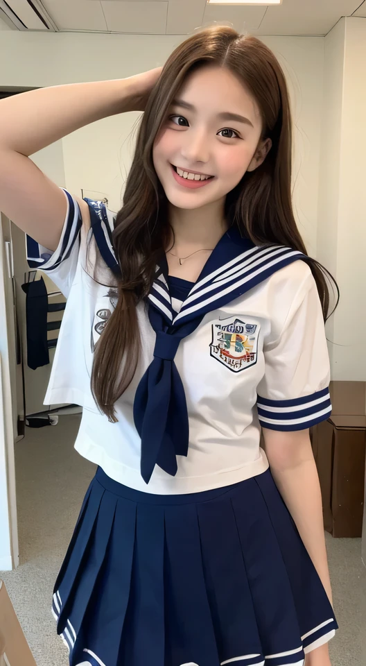 Slim body、slender、((highest quality, 8k, masterpiece: 1.3)), whole body、(1 16 year old girl), Slim figure: 1.4, (Brown Hair, big: 1.3), Highly detailed face, Fine grain, double eyelid, (Sailor suit schoolgirl), Laughter, ************,mini skirt