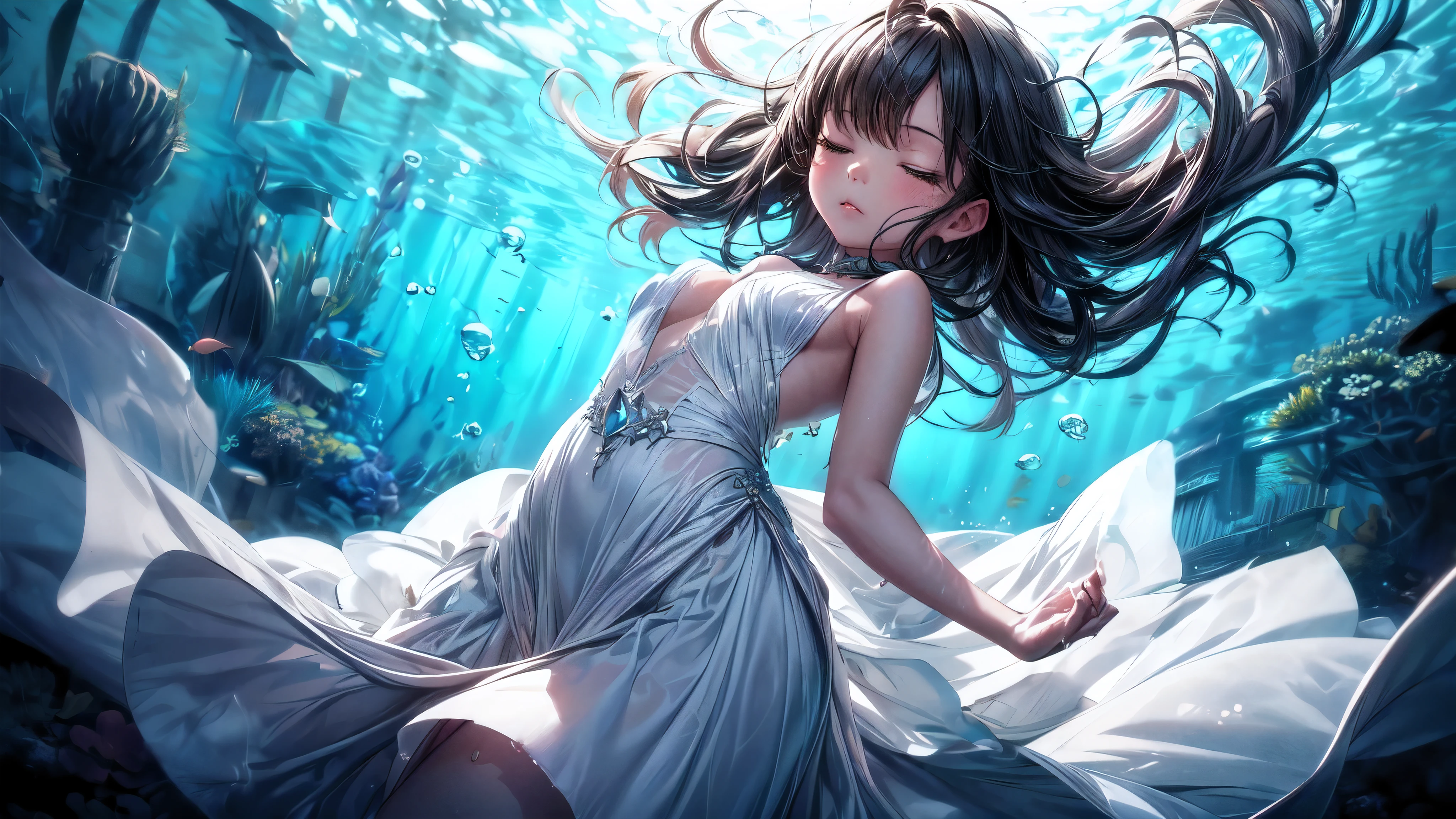 (Dramatic angle,Dynamic angle), (best quality,4k,8k,highres,masterpiece:1.2), (A 7 year old girl:1.2), (Very young little girl), (alone), (small breasts), eyes closed, original photo, Atmospheric distance perception, Aesthetic, complex, won, cybernetic enhancement, chiaroscuro, best quality, Detailed background, (underwater atmosphere:1.2), ((girl wearing white very long dress:1.2)), Submerged, the little girl's innocence, a vision in white, her dress, a cloud of fabric, underwater, billowing, floating, each layer, gossamer-light, currents, an aquatic ballet, the hem, rippling, a dance of silk, the ocean's caress, the skirt, enveloping, a cocoon, elegance, the fabric, translucent, light filtering, ethereal glow, bubbles, sparkling, a silent symphony, the hair, dark halo, mingling, harmony, child and sea, one, white against deep, purity, the depths, a moment, captured, serene, enchanting