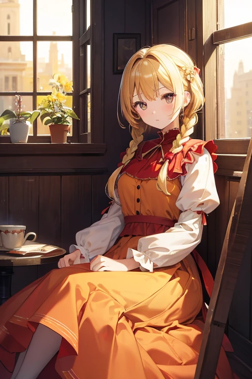 masterpiece, highest quality, High resolution, ****************、Golden Eyes、
Blonde,  Braiding、Crimson frill dress, Shoulder puff sleeves、flare skirt、Long skirt、Western-style building、Sit by the window