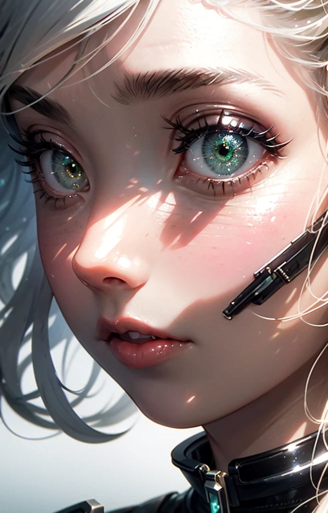 masterpiece, best quality, ultra-detailed, illustration, 1girl, cirilla, white hair, tied in ponytail,emerald green eyes, (close-up:0.5), straight on, face focus , highly detailed skin, standing, looking at viewer, black eyeliner, smokey eyes, (3D:0.5)