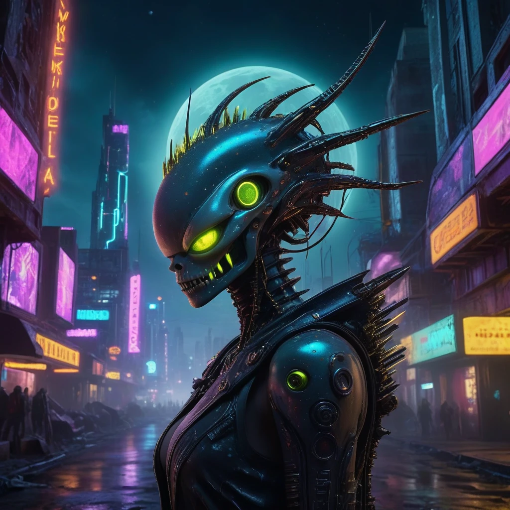 (best quality,highres:1.2,ultra-detailed,photorealistic:1.37),sci-fi cinematic masterpiece,punk rock ambiance,futuristic alien landscape,during the night,Nikon D3300,L USM,shining eyes,award-winning,gritty atmosphere,otherworldly creatures,cyberpunk cityscape,neon lights,punk fashion,moonlit sky,high-tech gadgets,visually striking,energetic music,vibrant colors,edgy vibe,urban decay,technological advancements,extraterrestrial architecture,star-filled background,intense emotions,raw emotions, dynamic composition,imaginative concept art,Jaw-dropping visuals